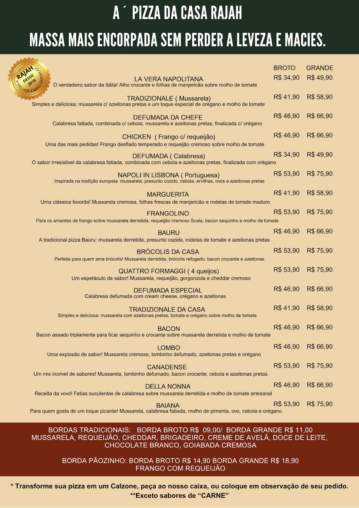 Rajah esfiharia e pizzaria cardápio