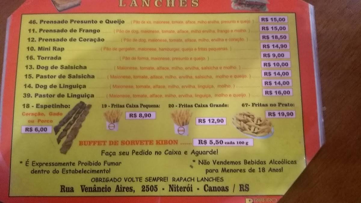Rapach Lanches cardápio