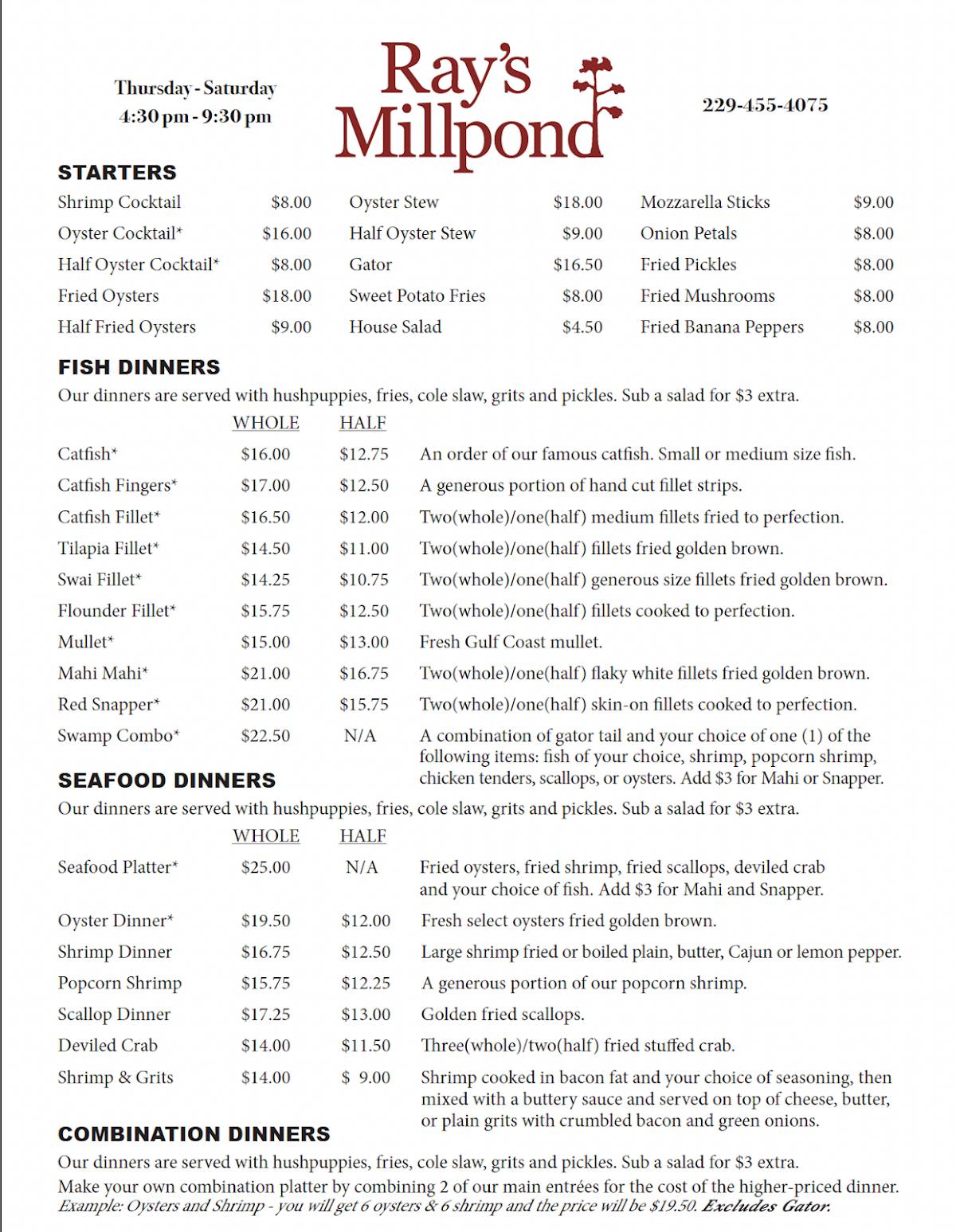 Menu at Ray's Millpond Cafe, Ray City