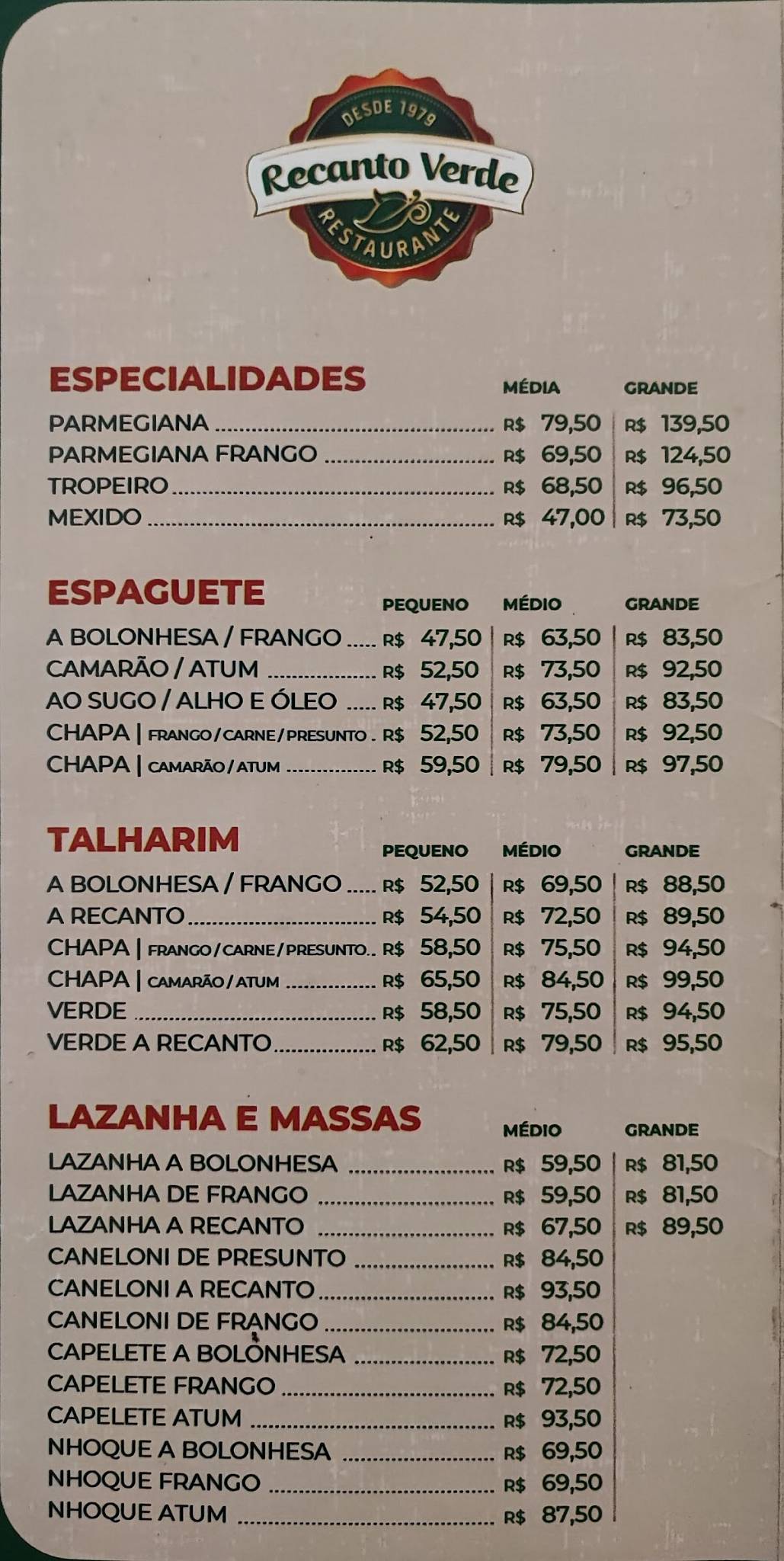 Recanto Verde Restaurante cardápio