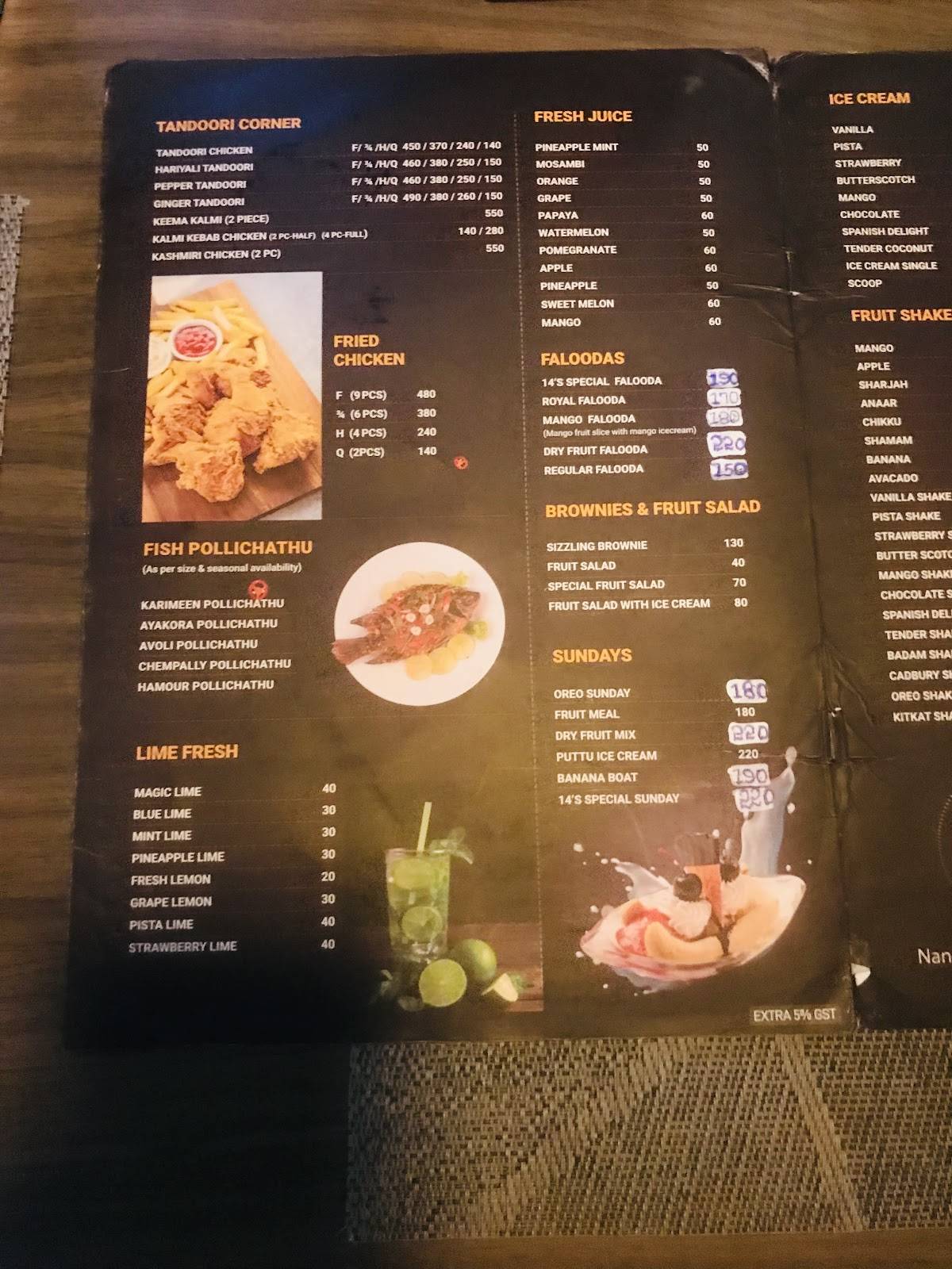 14's Restaurant menu
