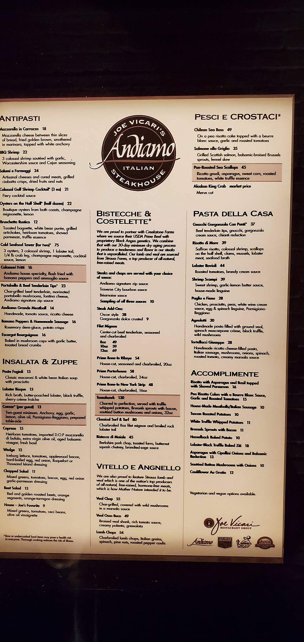 Menu at Andiamo Steakhouse, Las Vegas