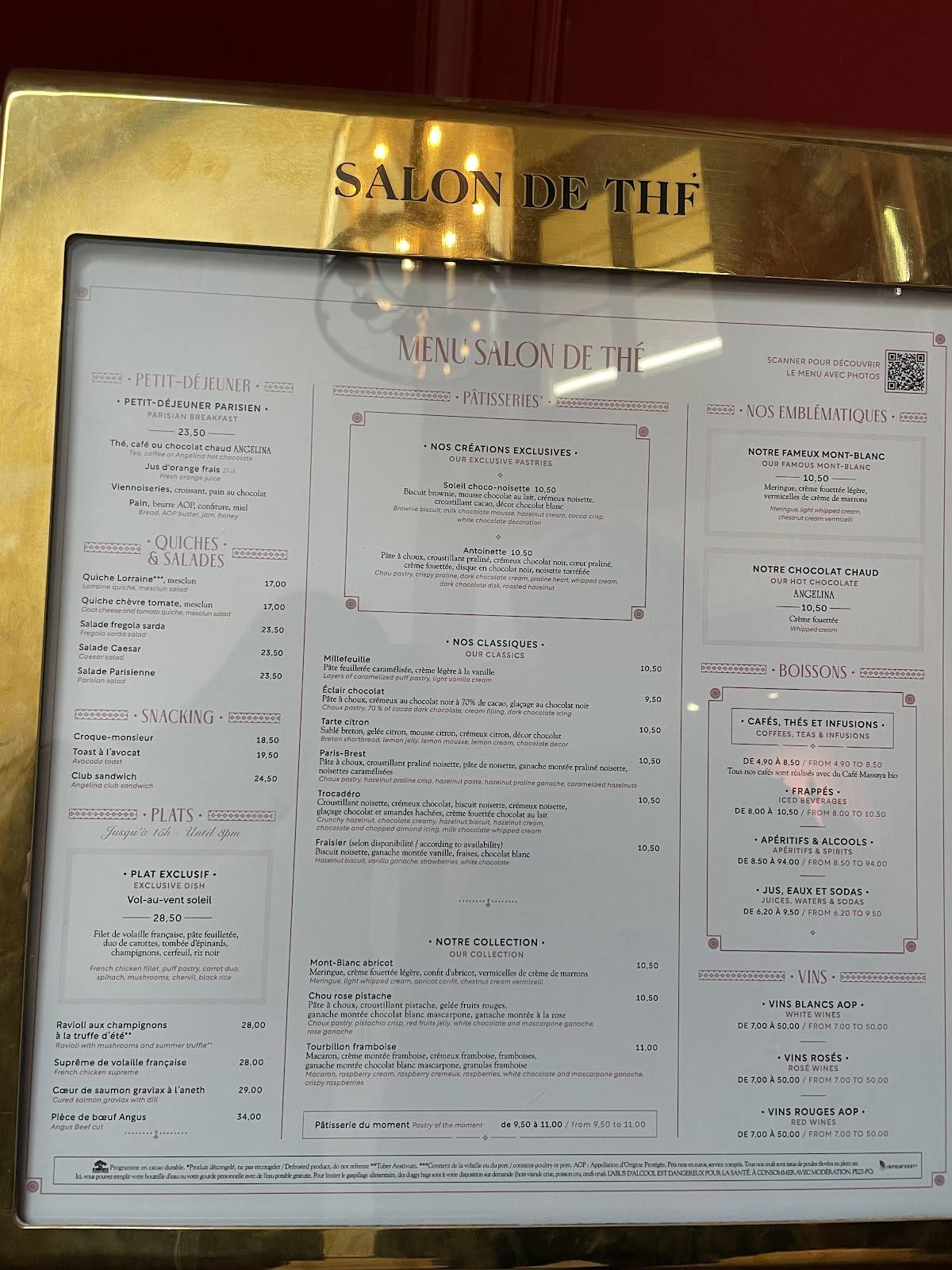 Menu de Angelina Paris – Château de Versailles, Salon de thé-restaurant