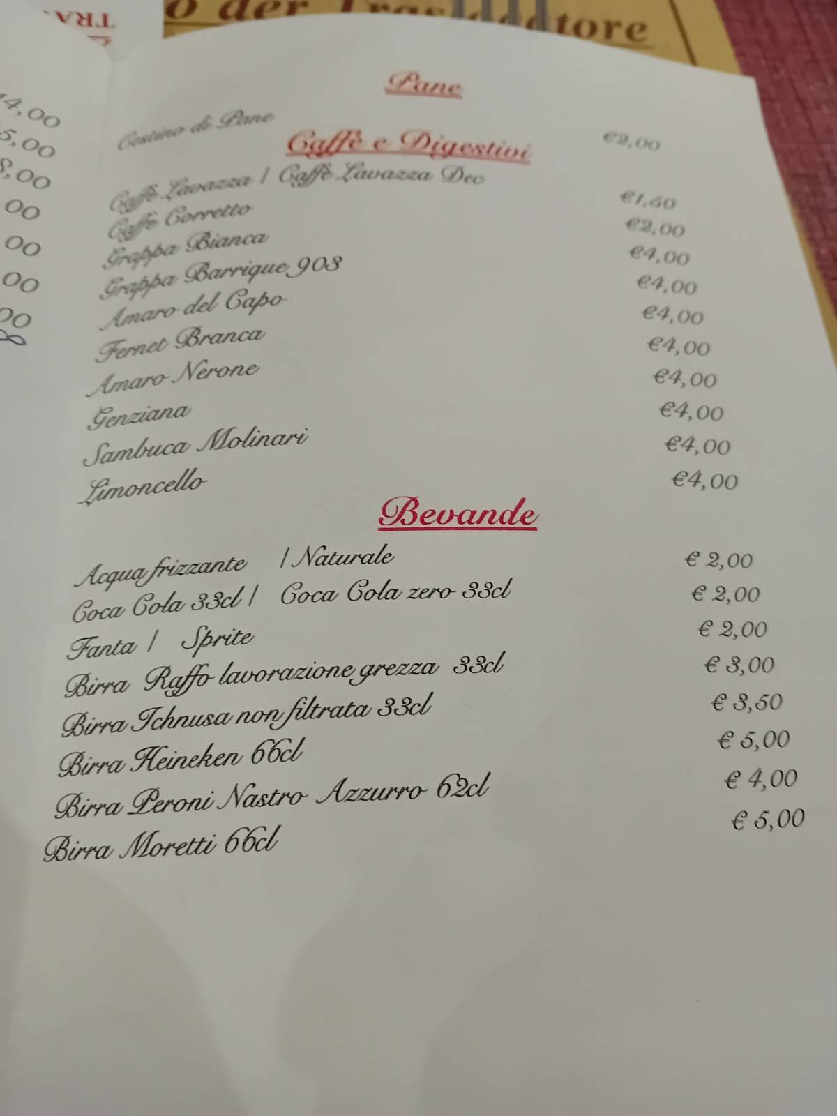 Menu di Ar Grottino der Traslocatore 