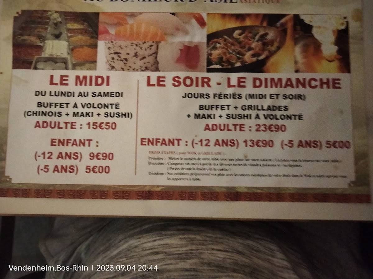 Menu au Au Bonheur d'Asie restaurant, Vendenheim