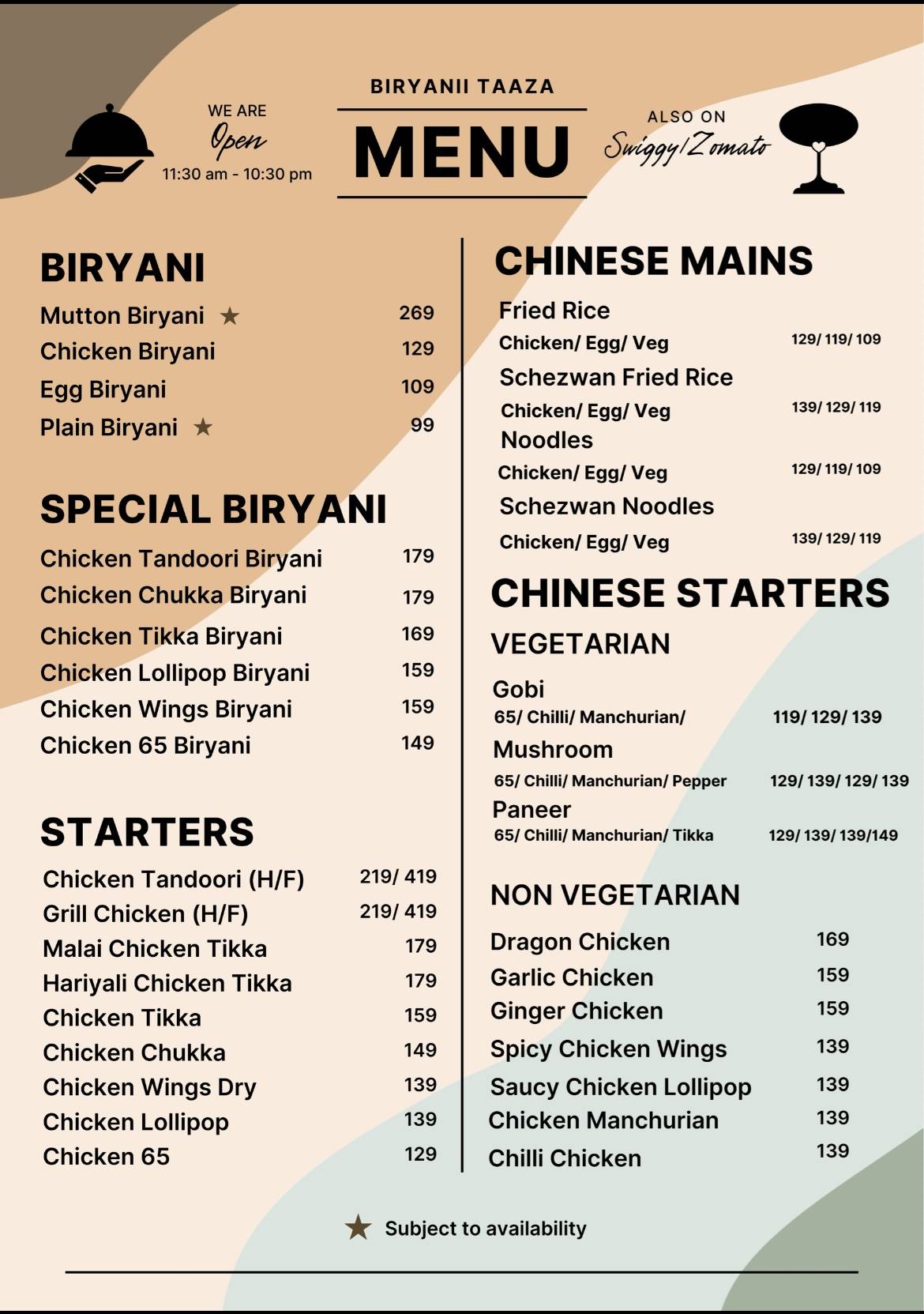 Biryanii Taaza menu