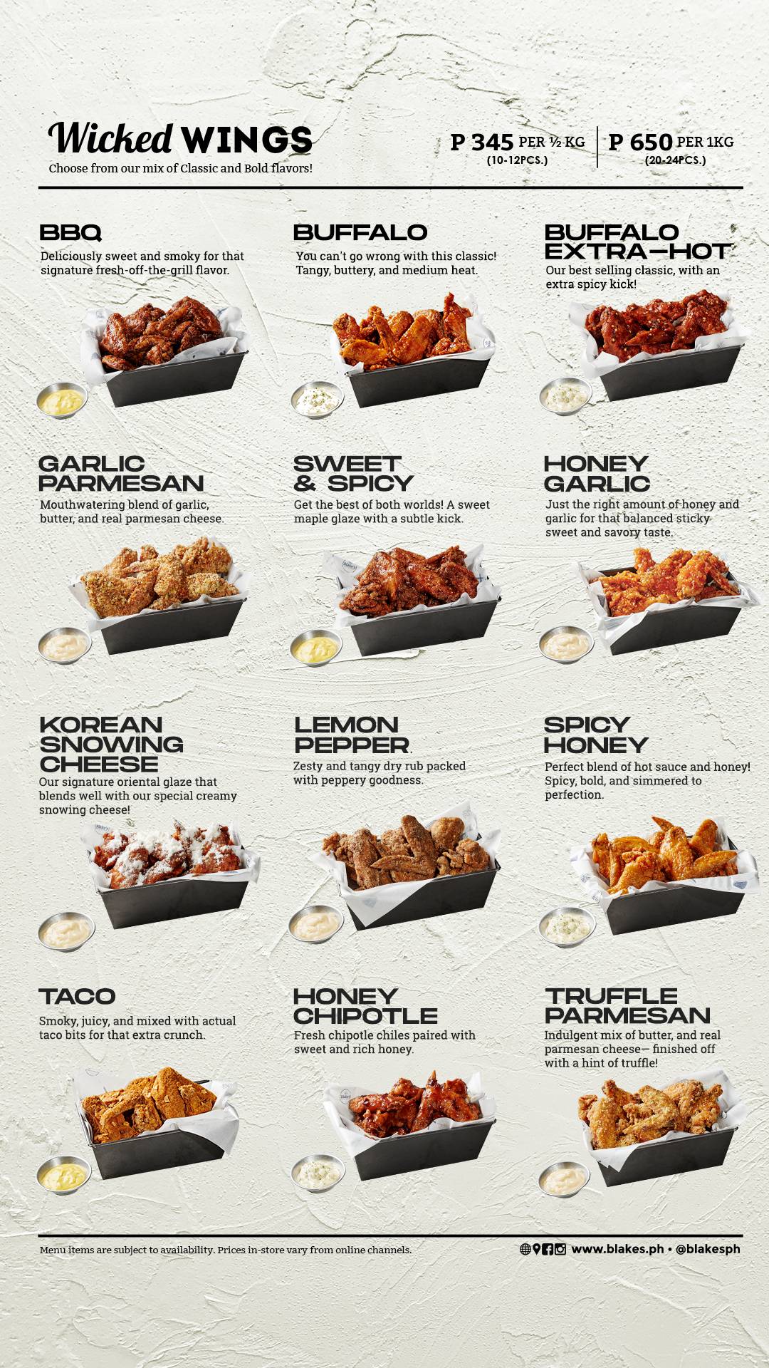 Menu at Blake's Wings & Steaks restaurant, Quezon City, Upper Ground Floor