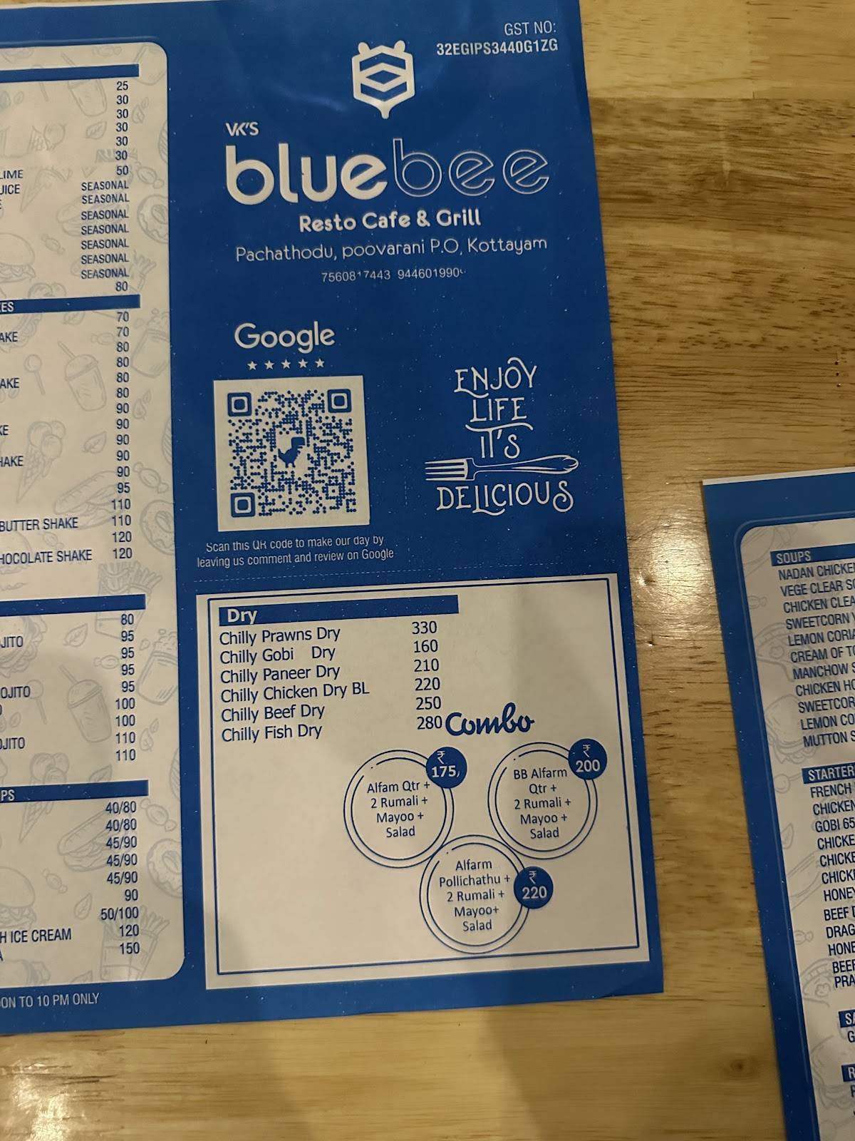 Bluebee RestoCafe menu