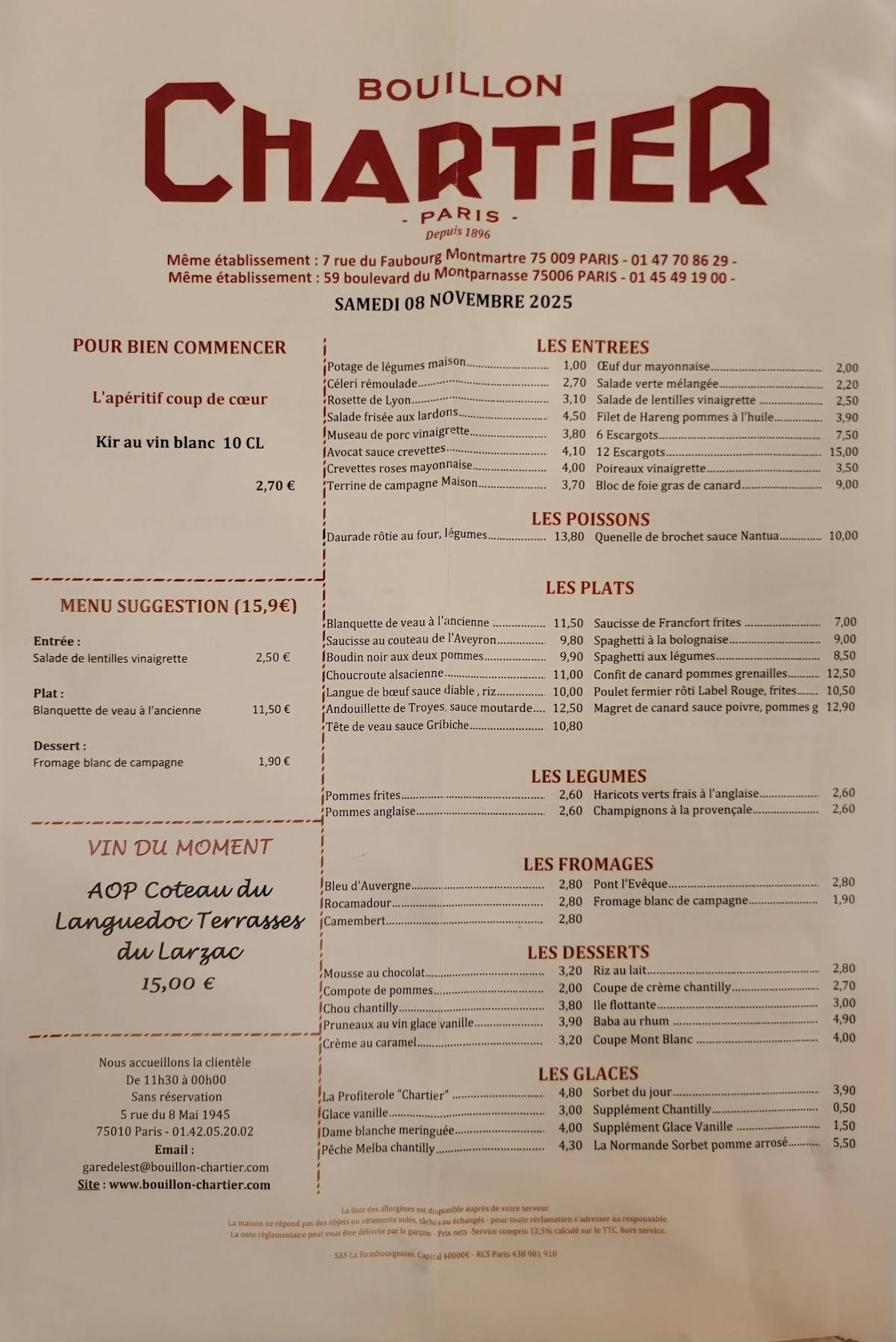 Menu de Bouillon Chartier Gare de l'Est