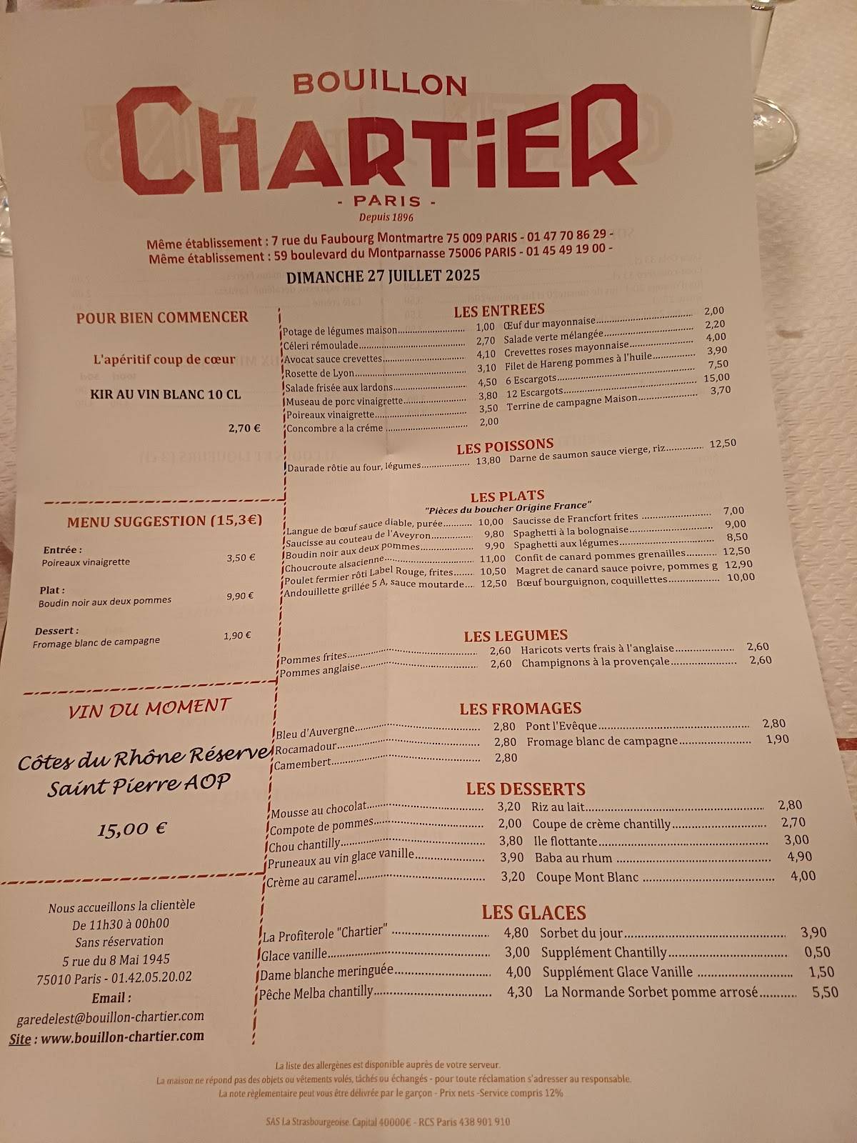 Menu de Bouillon Chartier Gare de l'Est