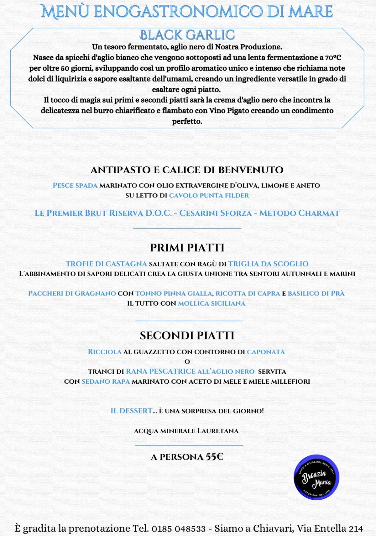 Menu di Bronzin Mania Ristorante Enoteca,siamo a Chiavari 