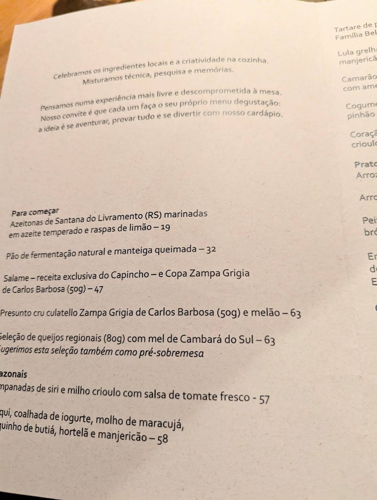Capincho cardápio