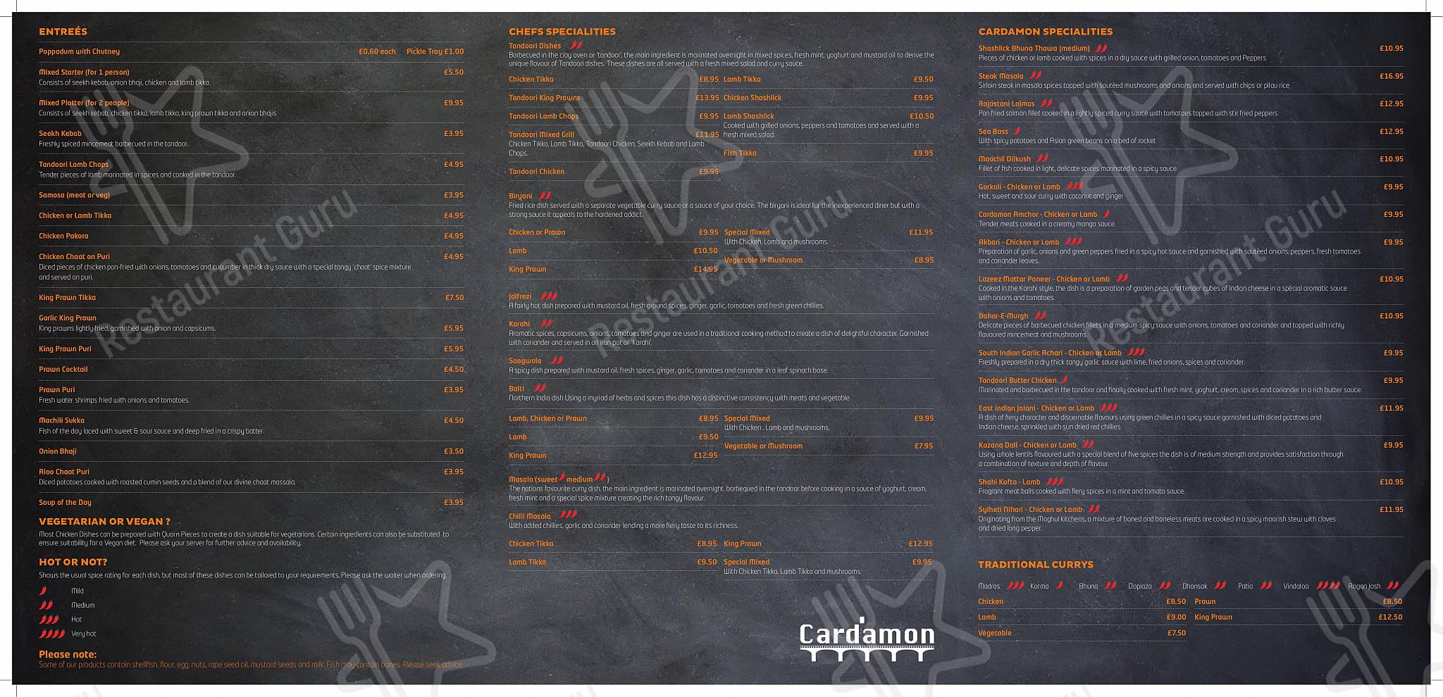 Menu at Cardamon at the Bridge restaurant, Hebden Bridge