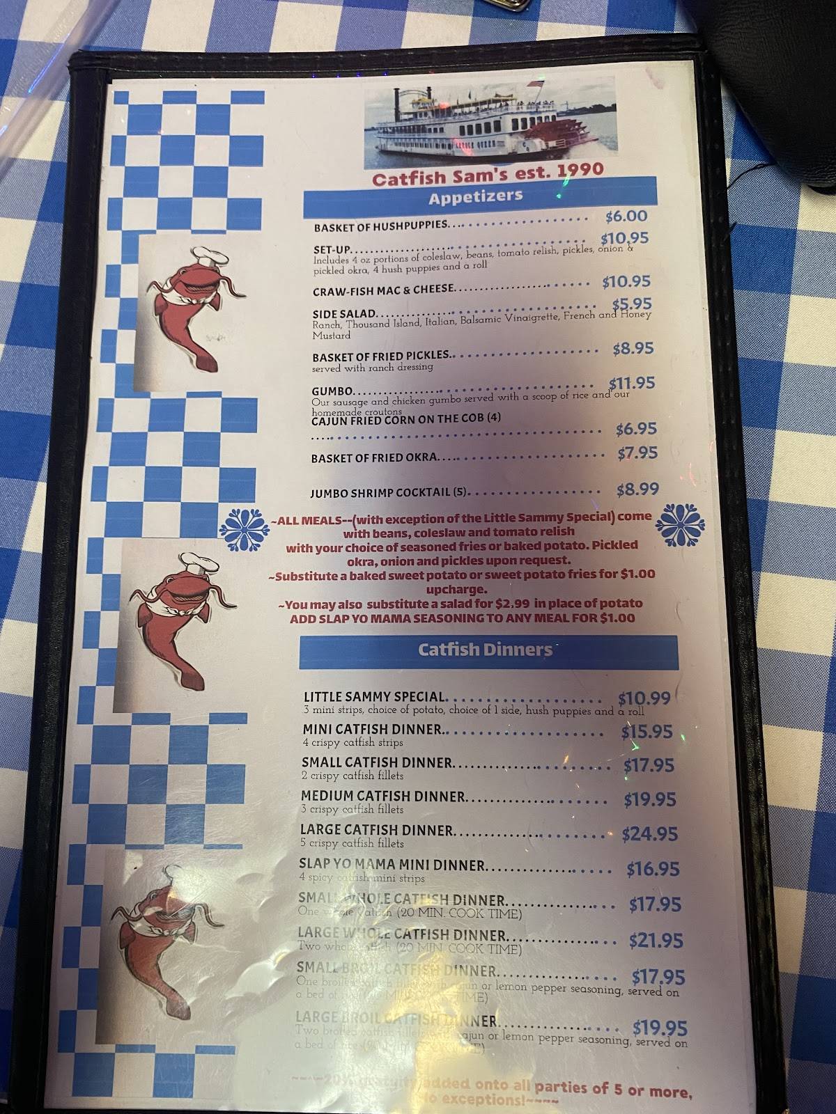 Menu at Catfish Sam's restaurant, Arlington