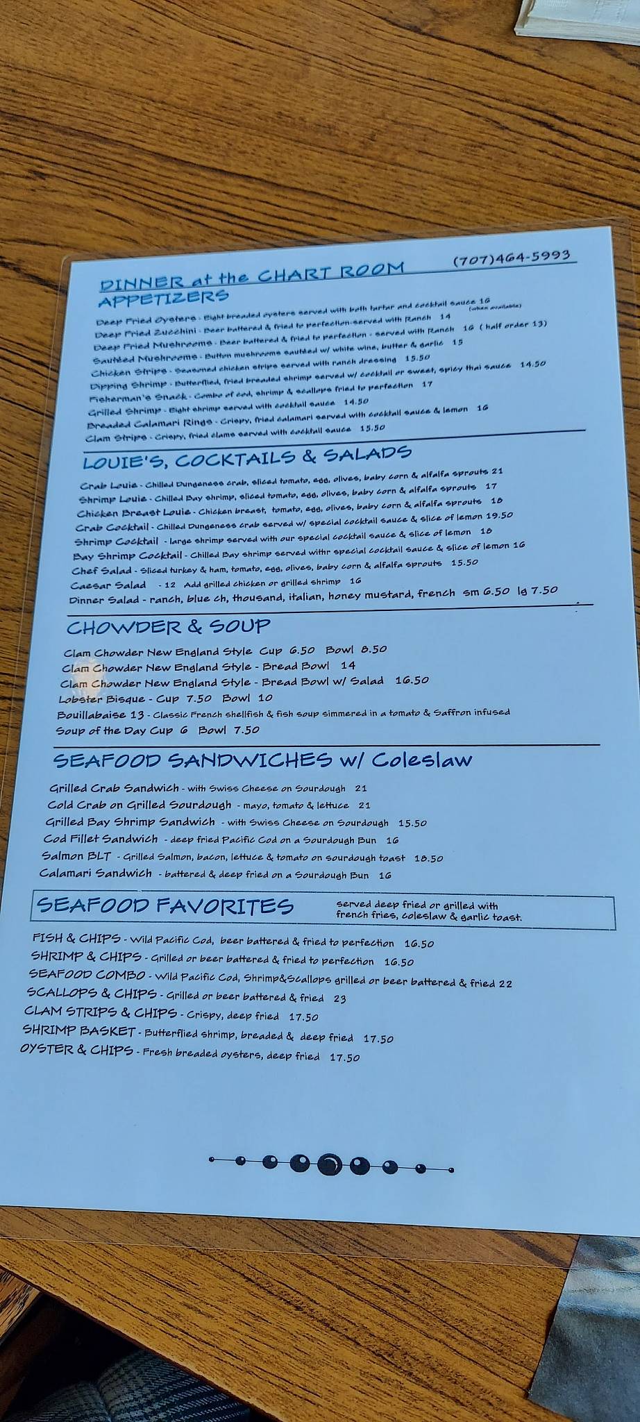 Menu at Chart Room Restaurant, Crescent City