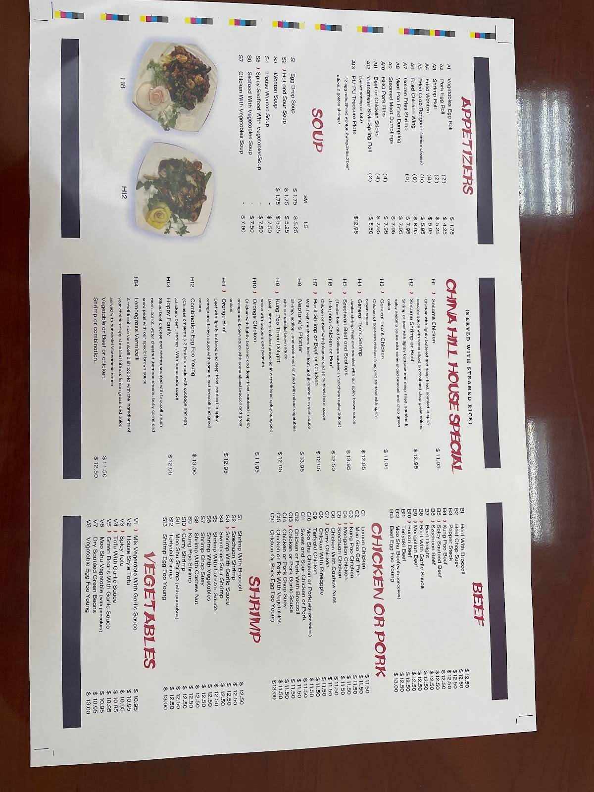 China hill menu sales