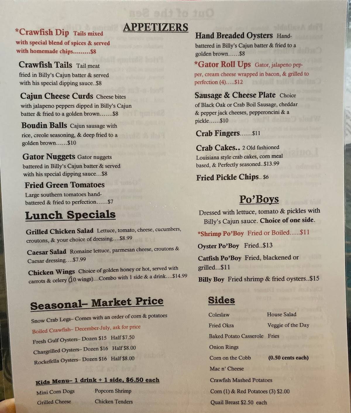 Menu at Crossroads Seafood restaurant, Hernando