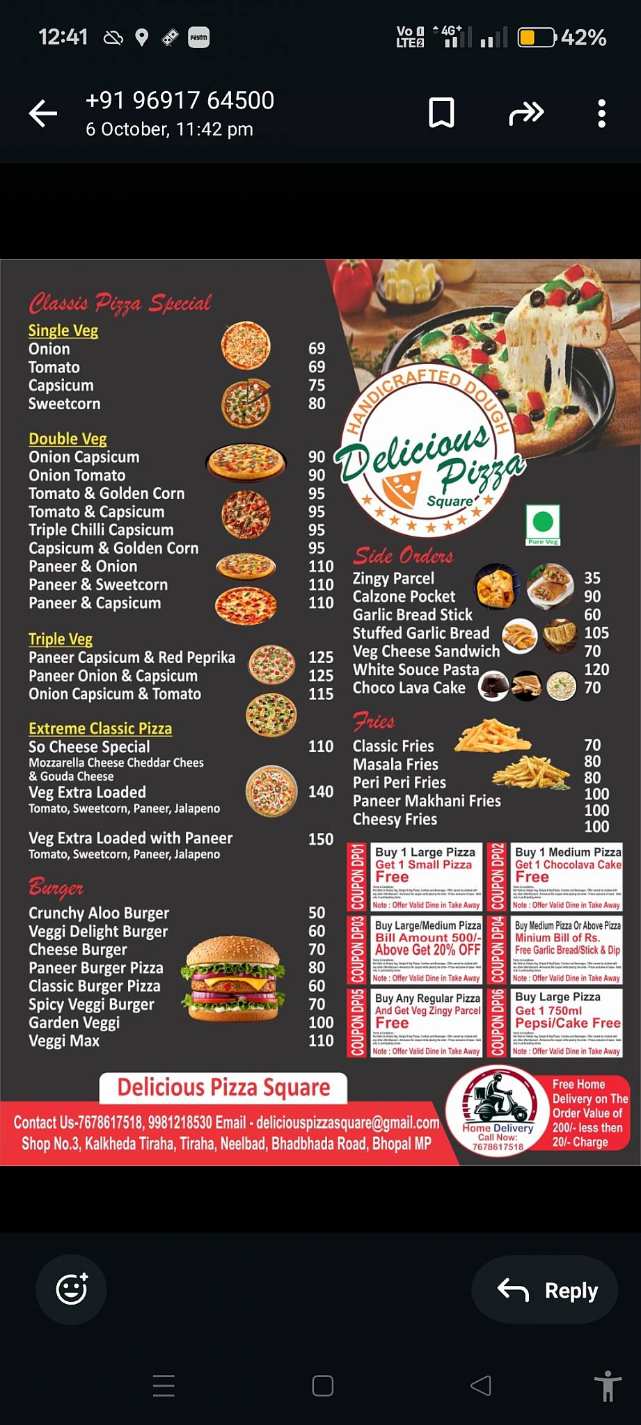 Delicious Pizza Square menu
