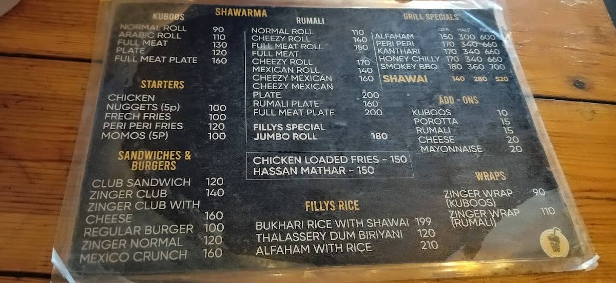 Fillys Juice & Grills menu