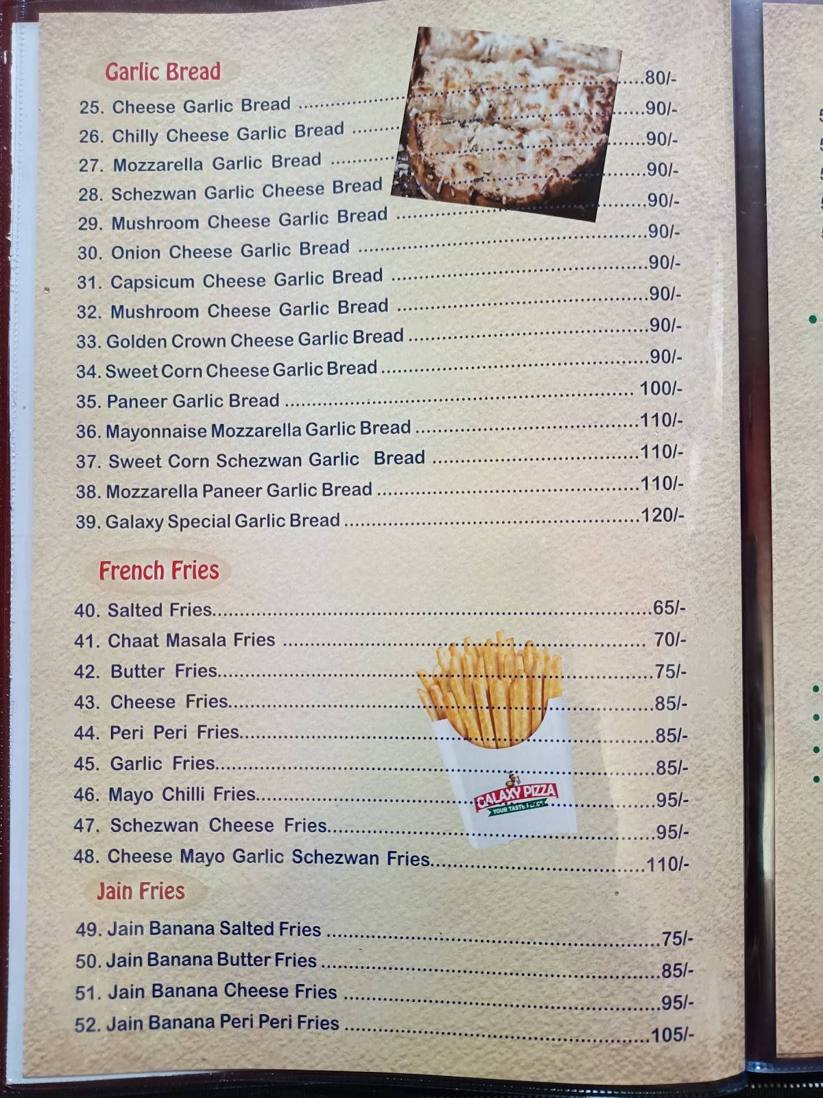 GALAXY PIZZA menu