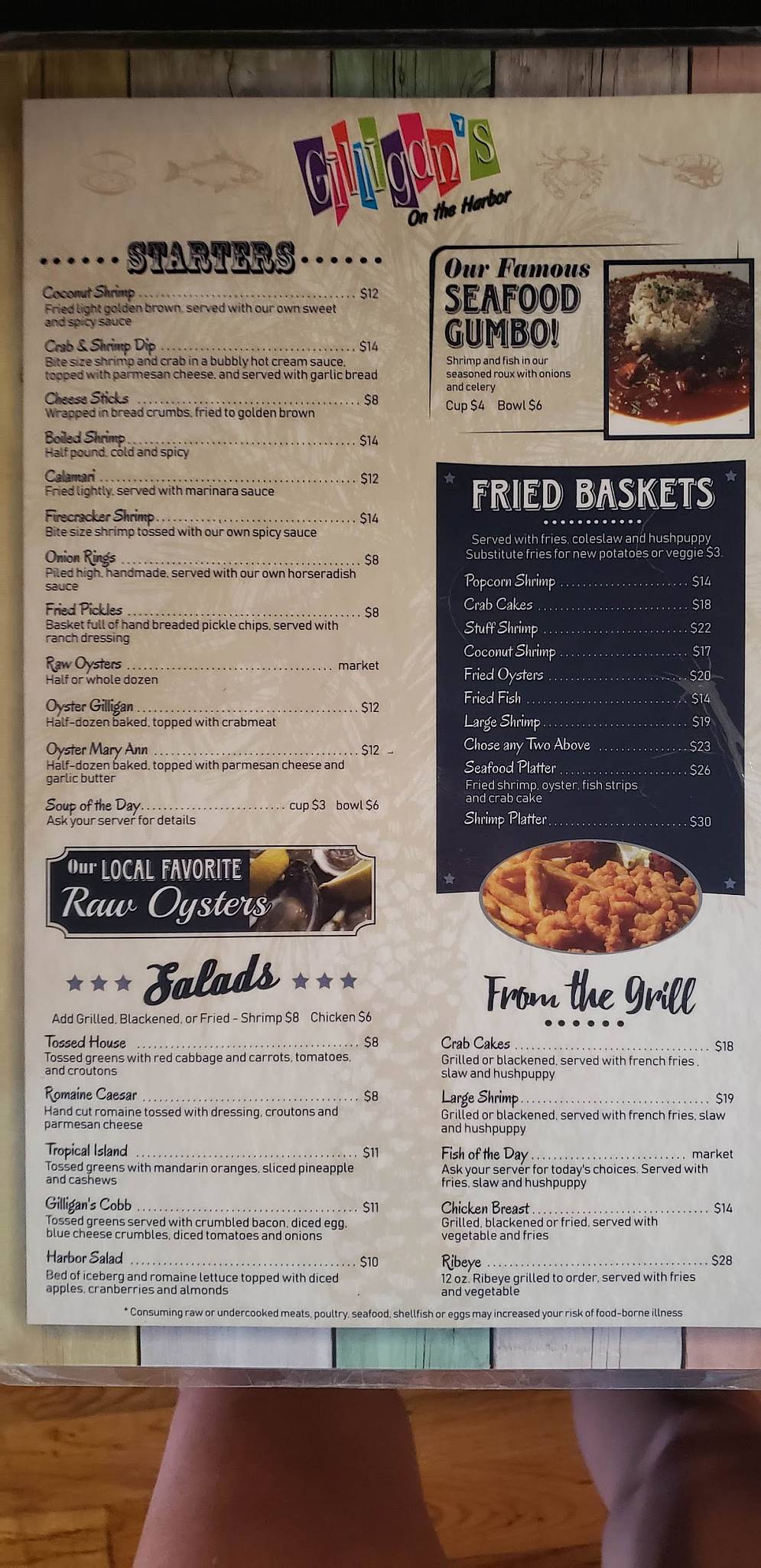 Menu at Gilligan's Seafood restaurant, Destin