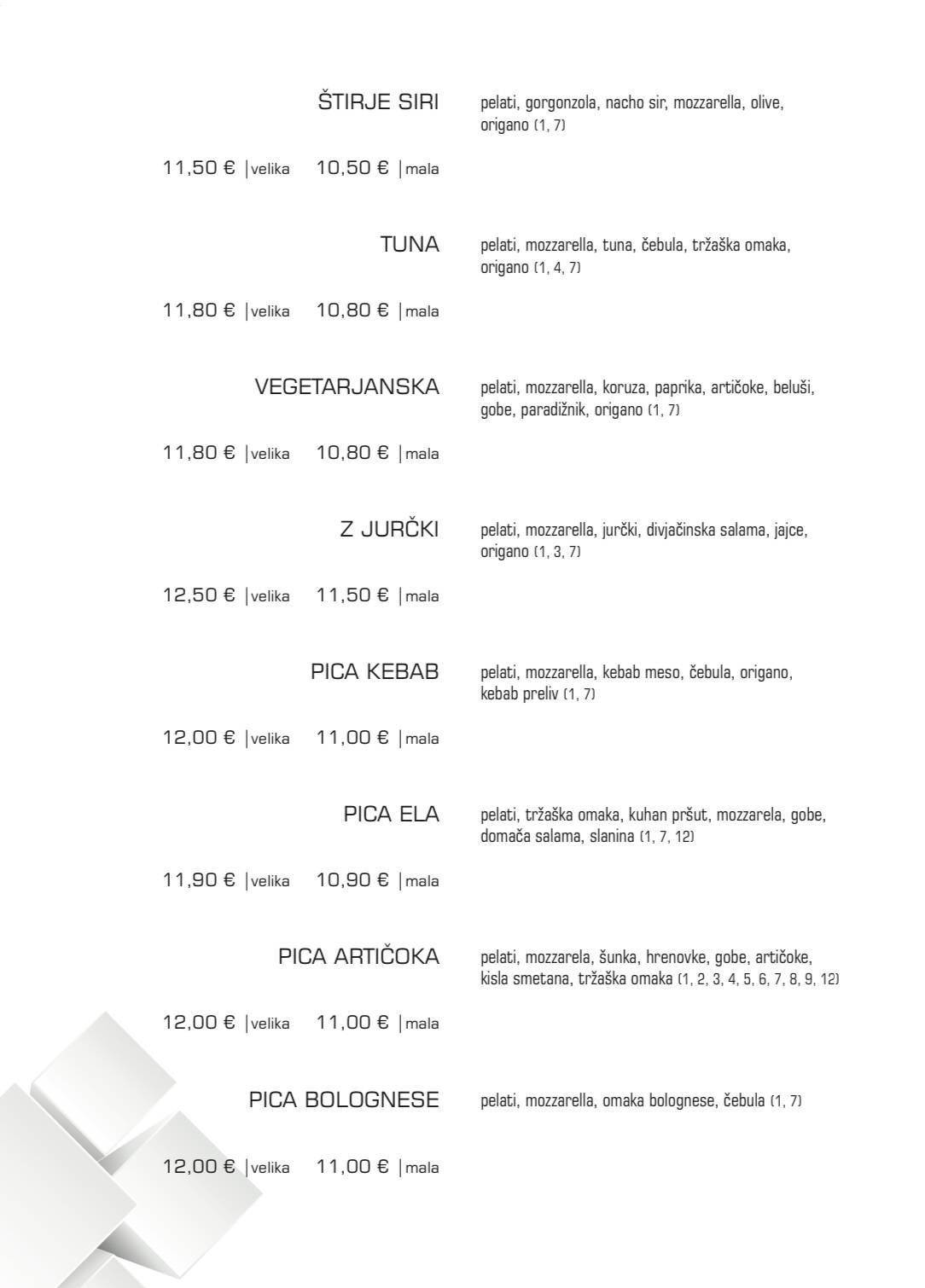 Menu di Gostilnica in picerija KOCKA 