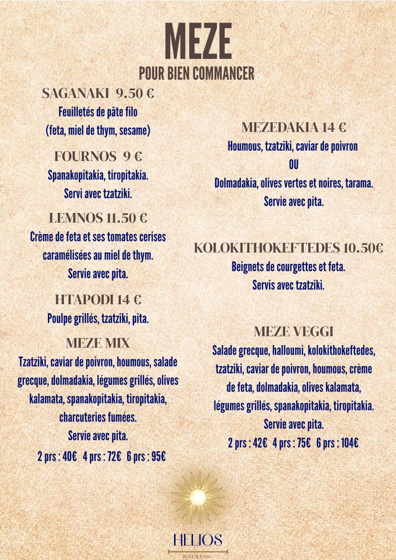Menu de Helios restaurant