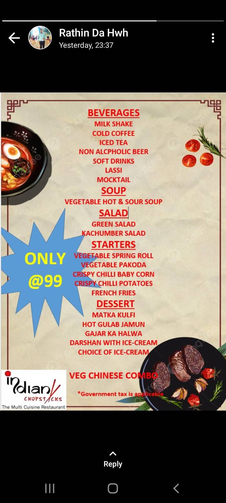 Indian Chopsticks Restaurant(Family Restaurant) menu