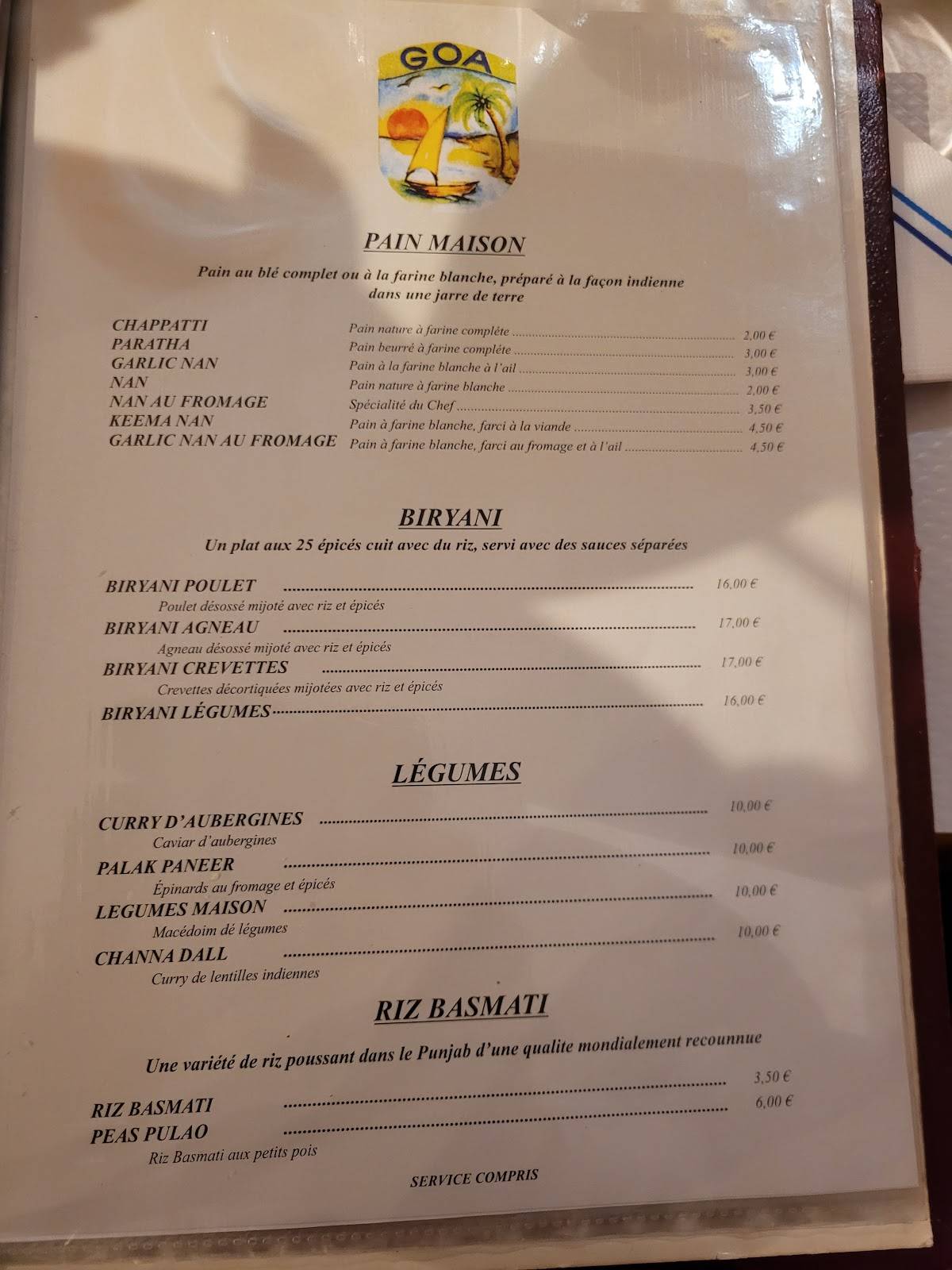 Menu de Restaurant Indien Goa