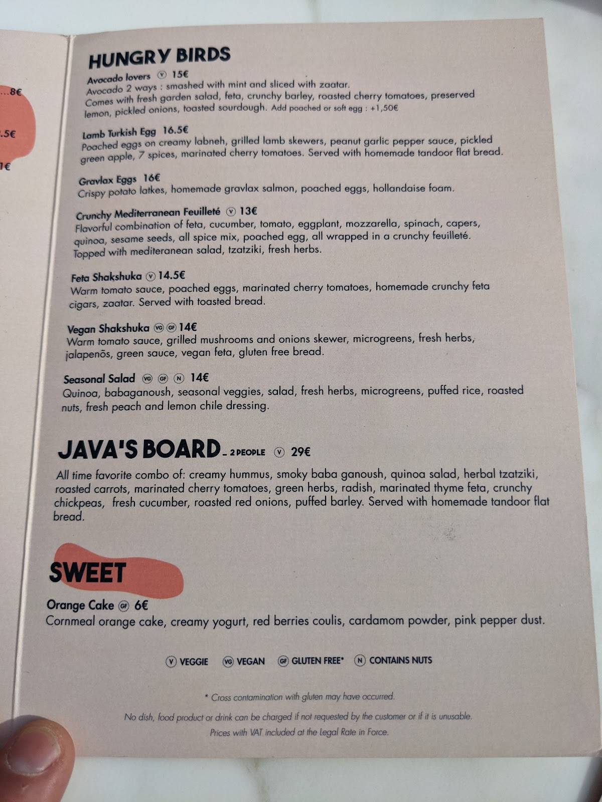 Menu at Javá Rooftop restaurant, Lisbon