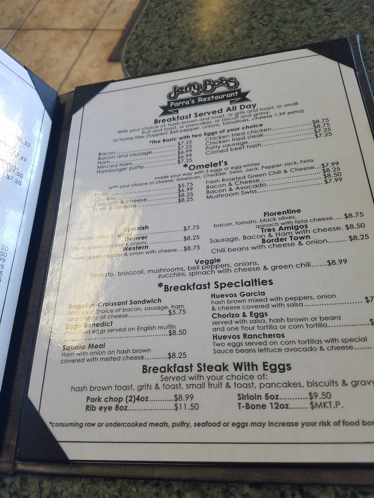 Menu at Jerry Bob's Restaurant, Tucson, E Valencia Rd