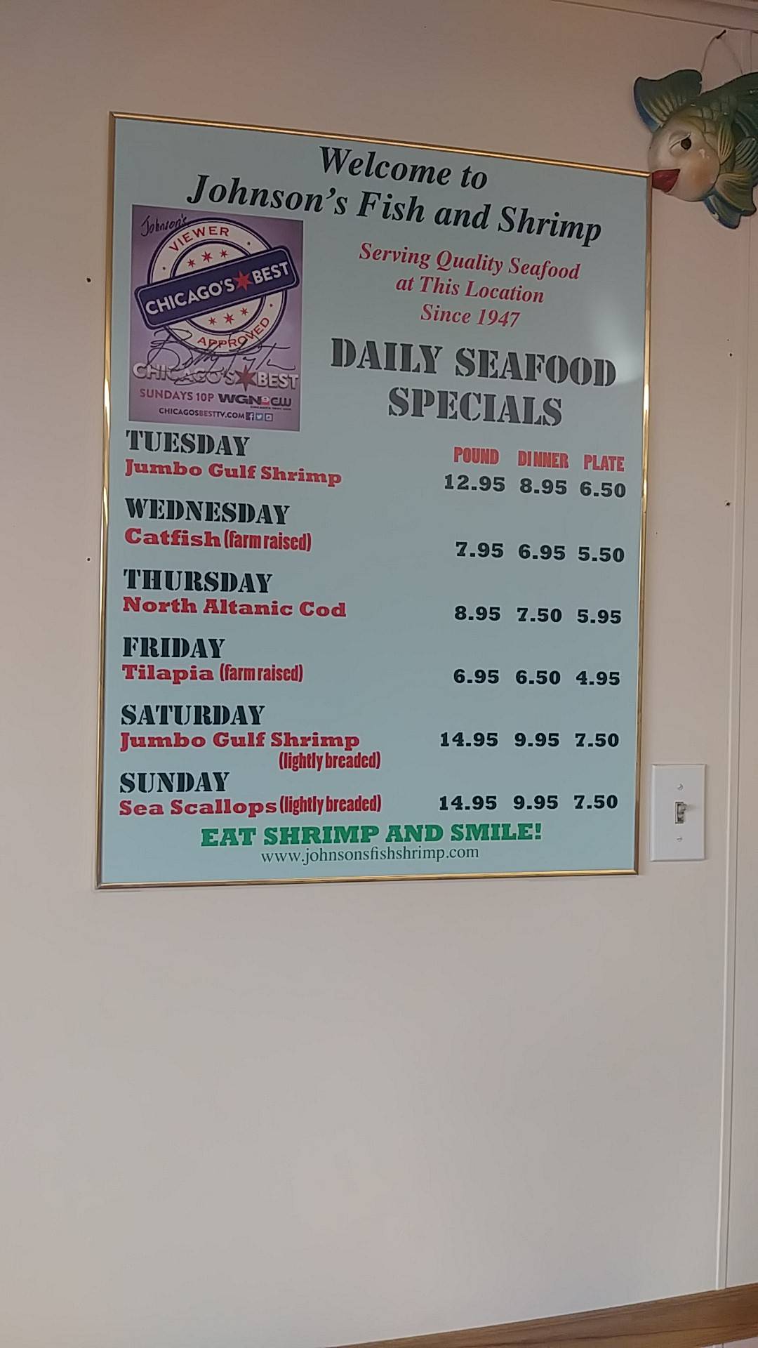 Menu at Johnson's Fish & Shrimp restaurant, Lake Station