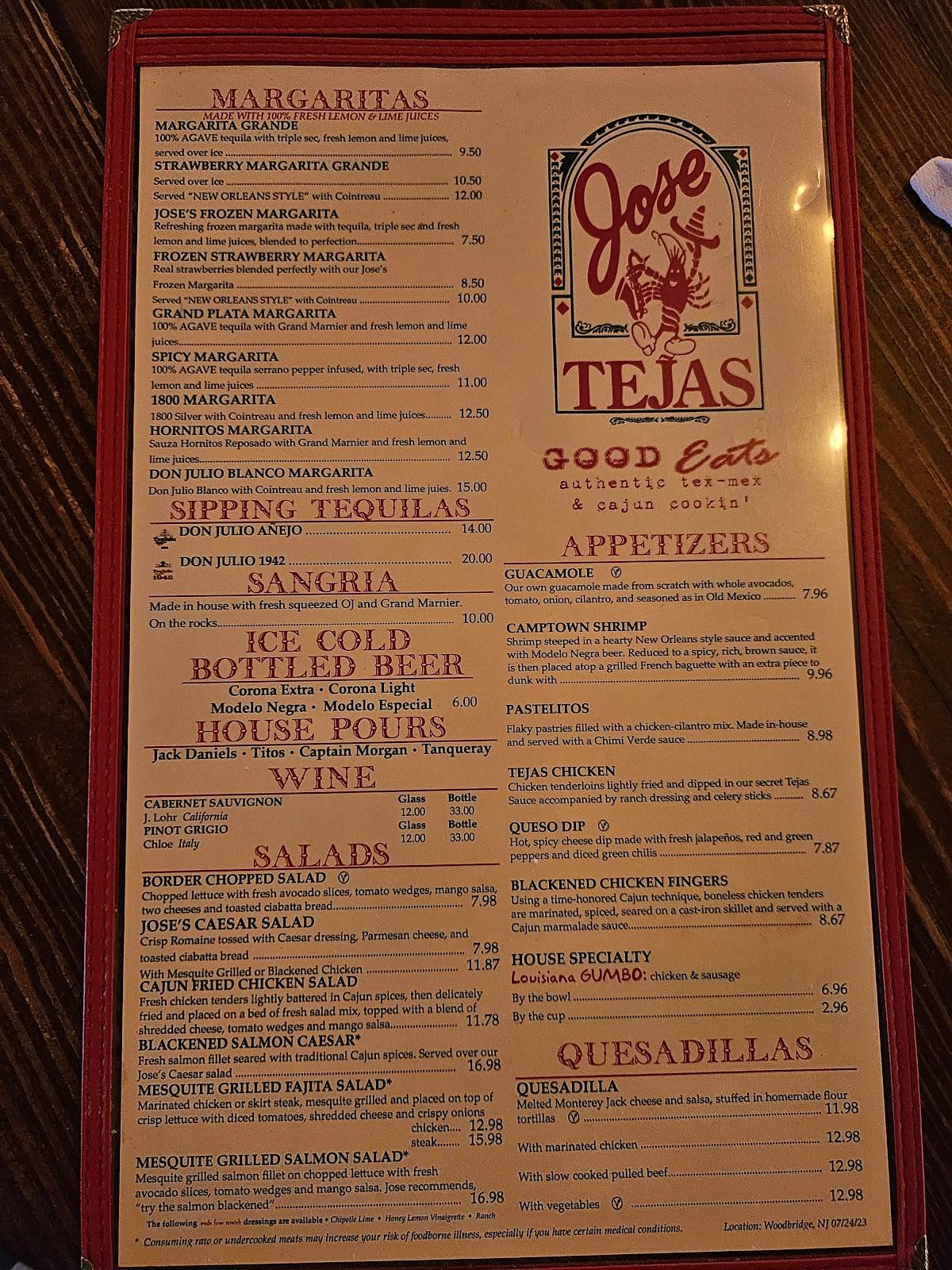 Menu at Jose Tejas restaurant, Woodbridge Township, 700 US Highway 1 N