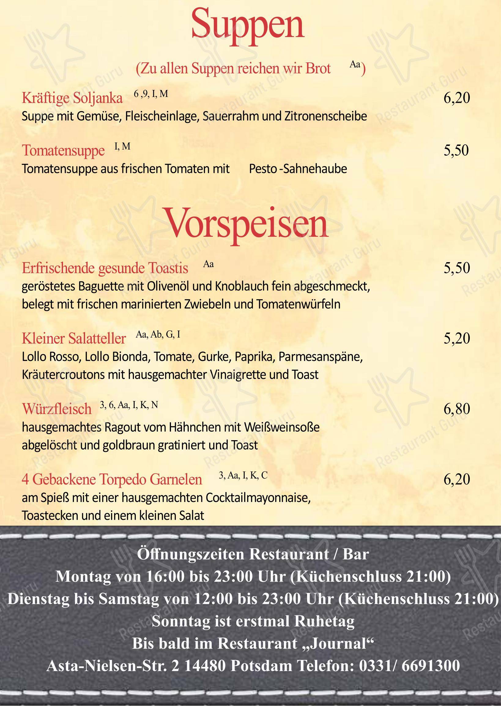 Menu pour Restaurant Journal - Menu bar