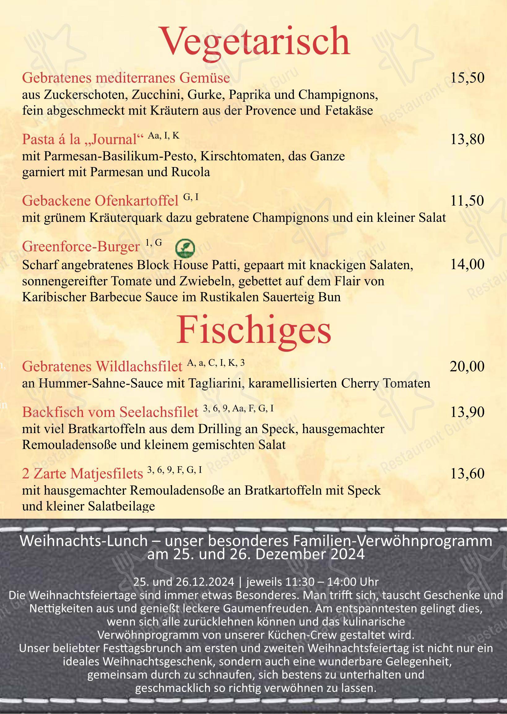 Menu pour Restaurant Journal dans Potsdam
