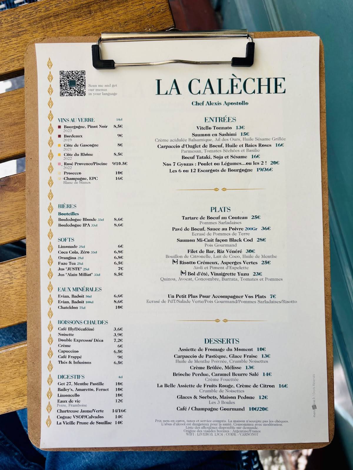 Menu de La Calèche