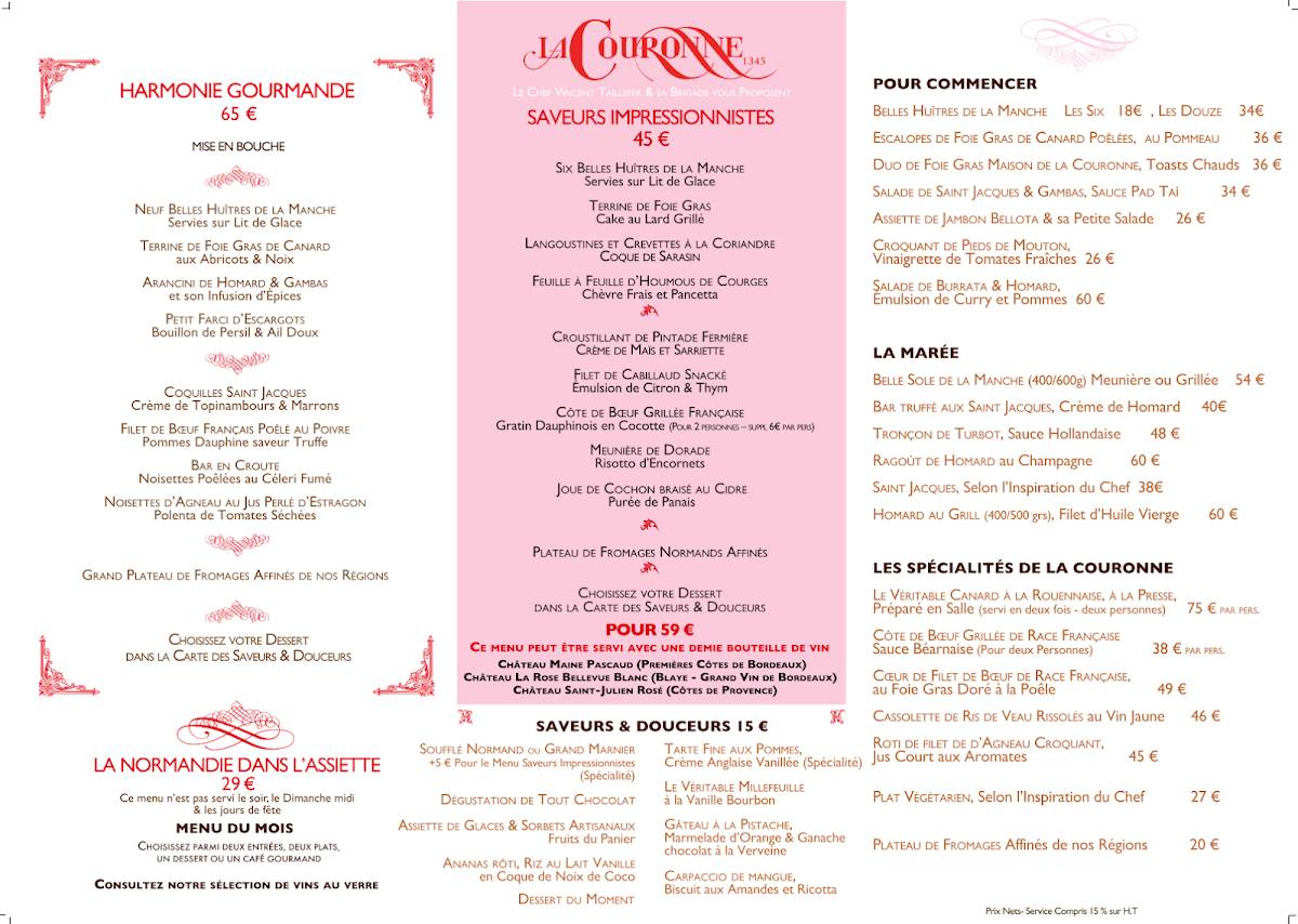 Menu de La Couronne