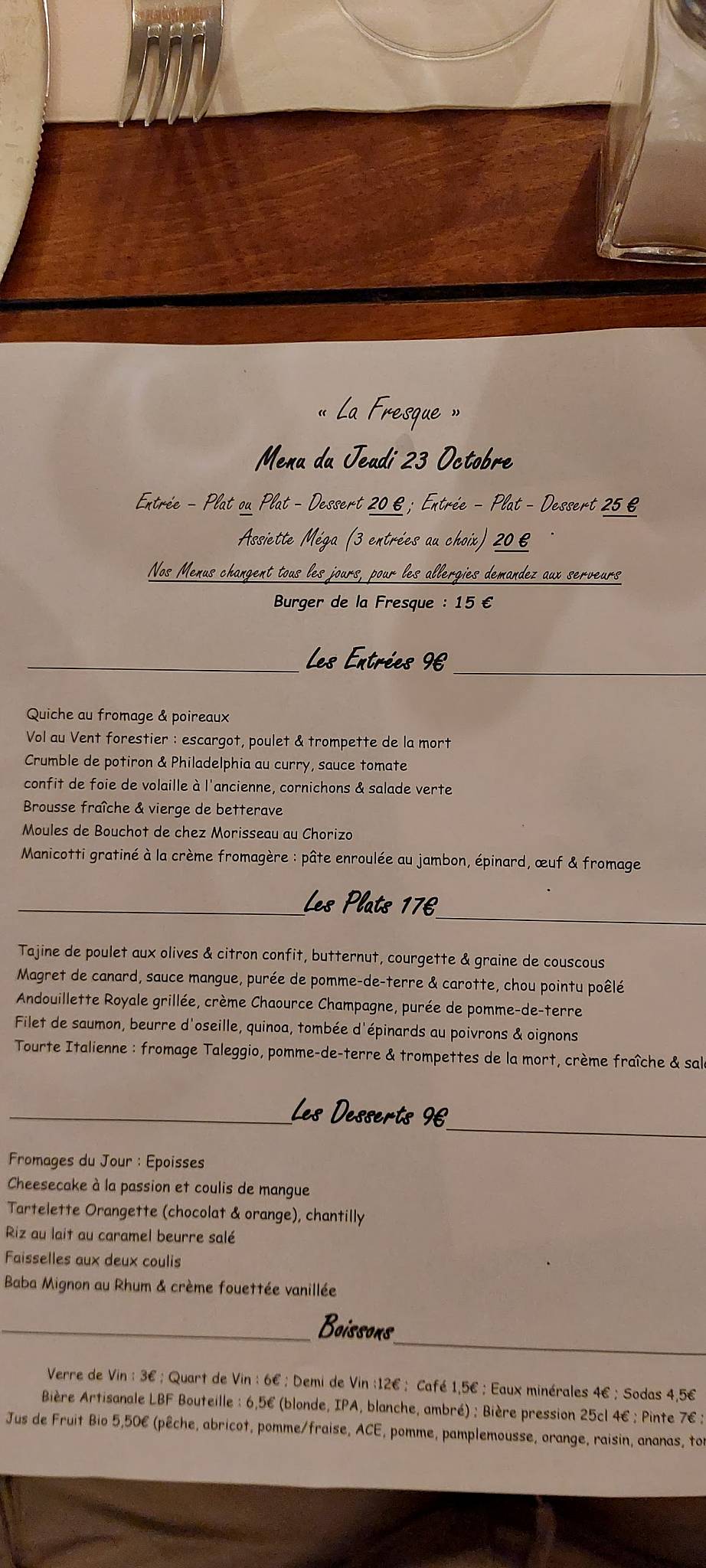 Menu de La Fresque