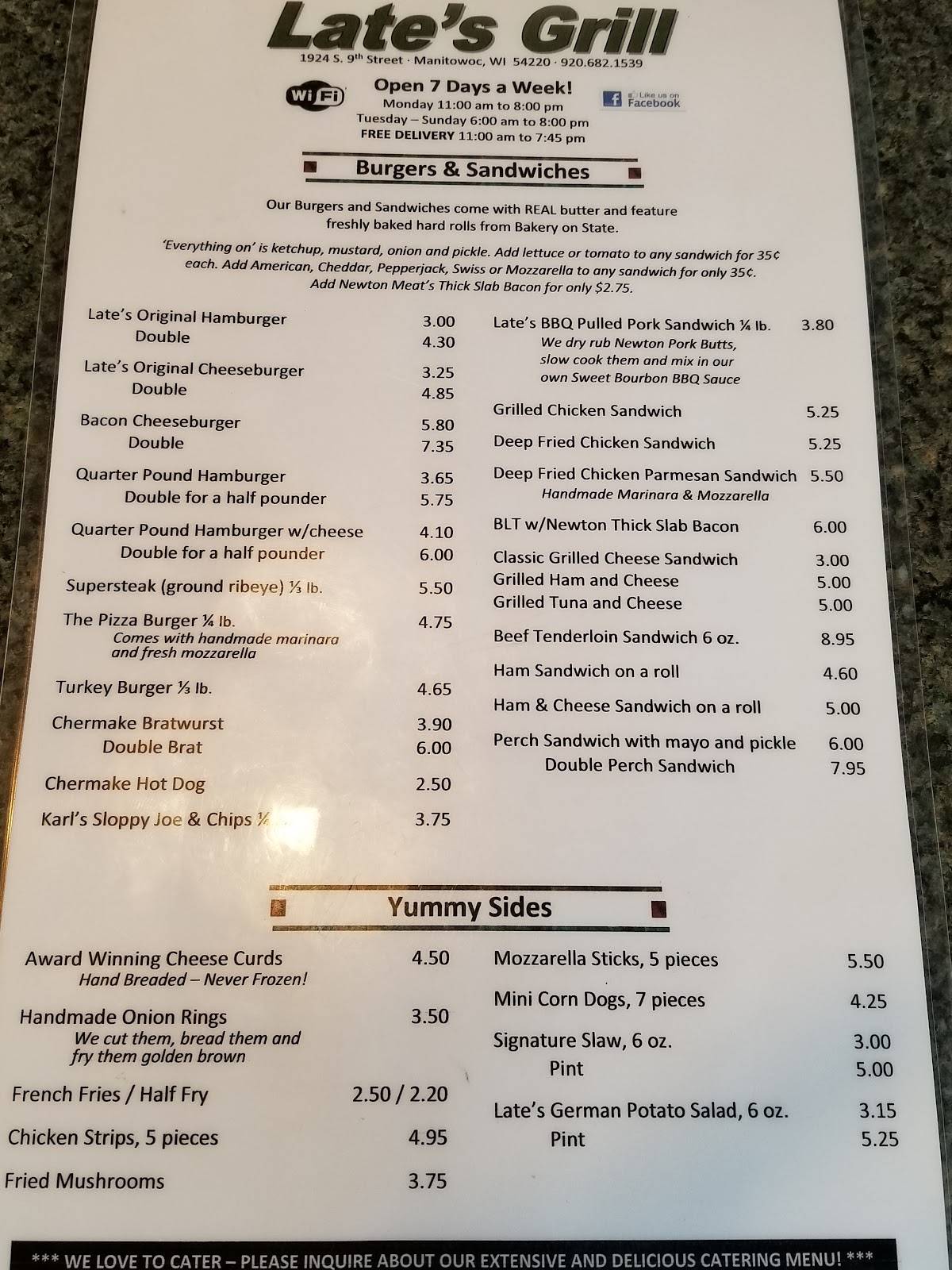 Menu at Late's restaurant, Manitowoc