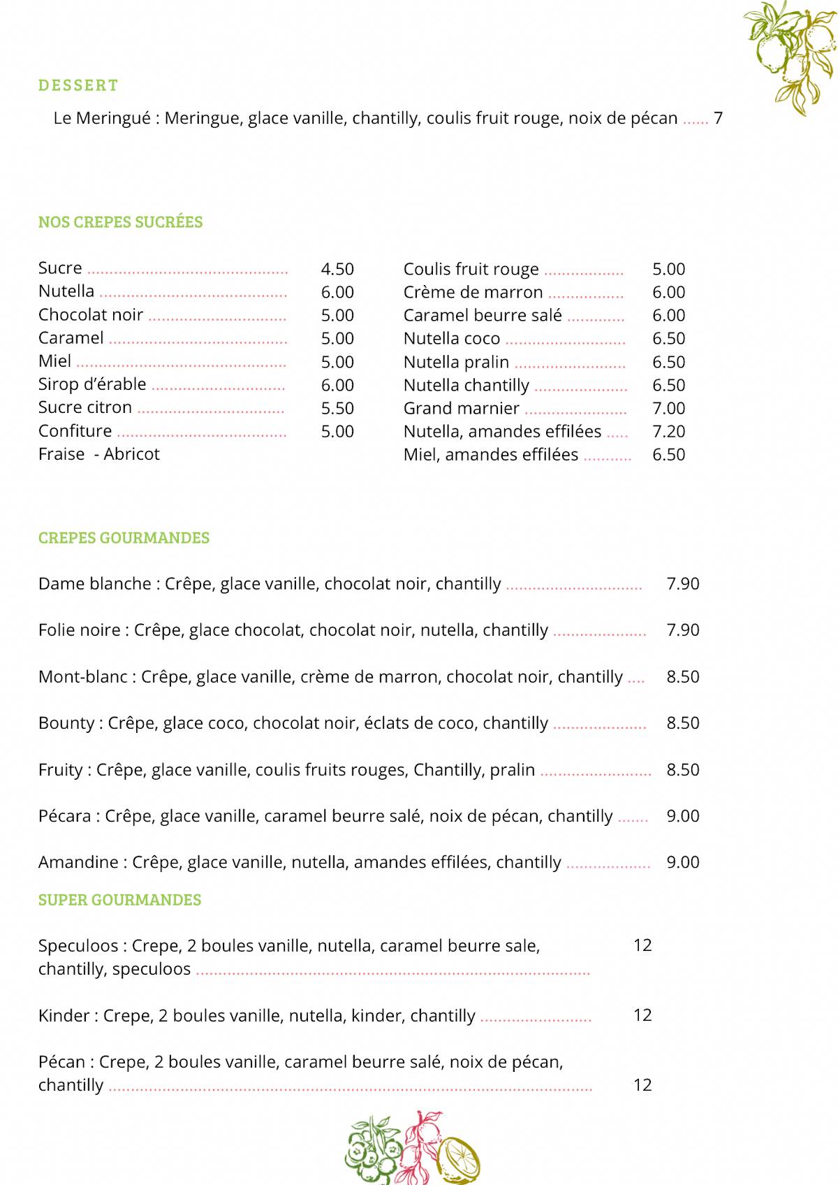 Menu de Crêperie du Vieux Village