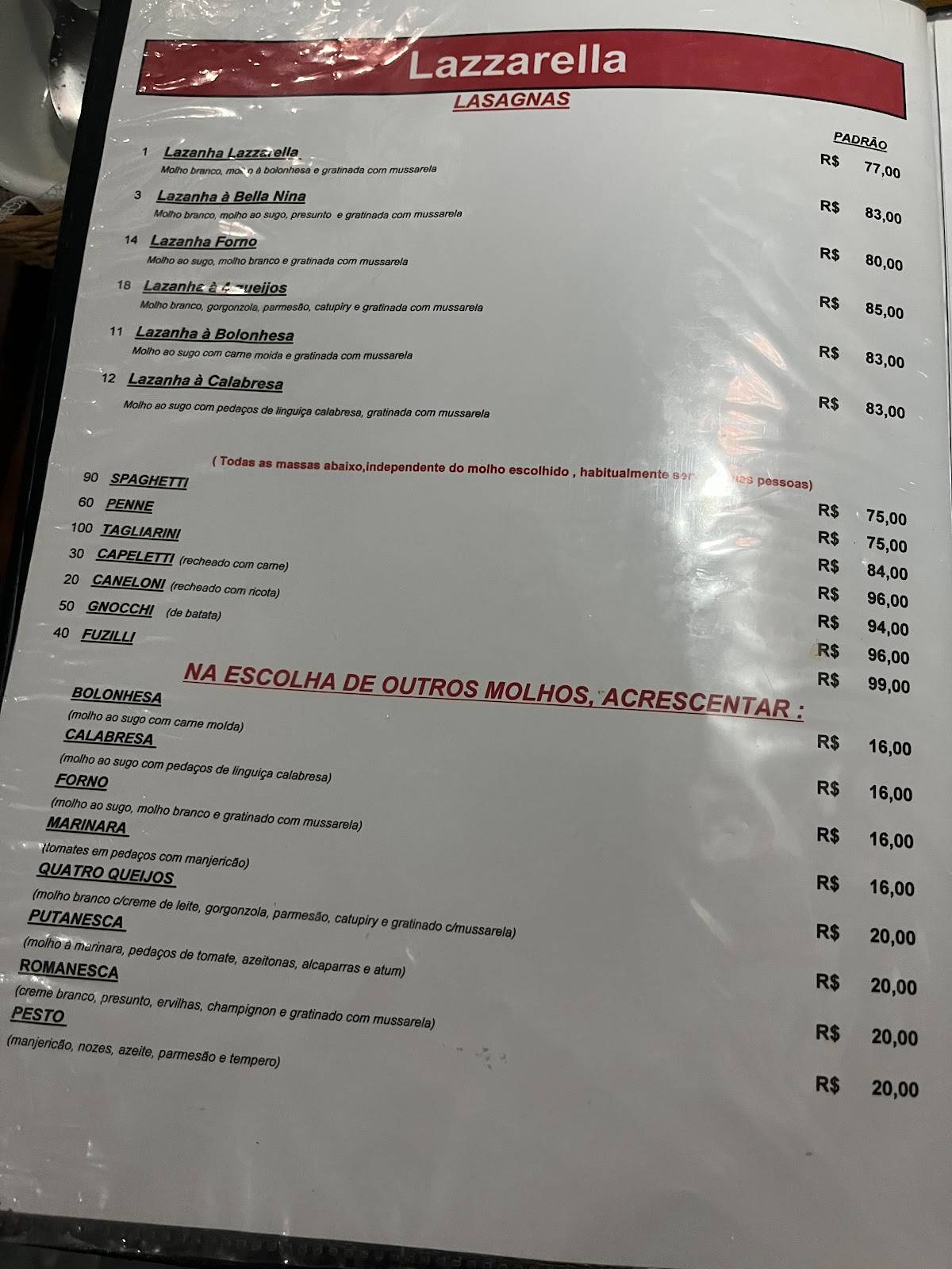 Lazzarella cardápio