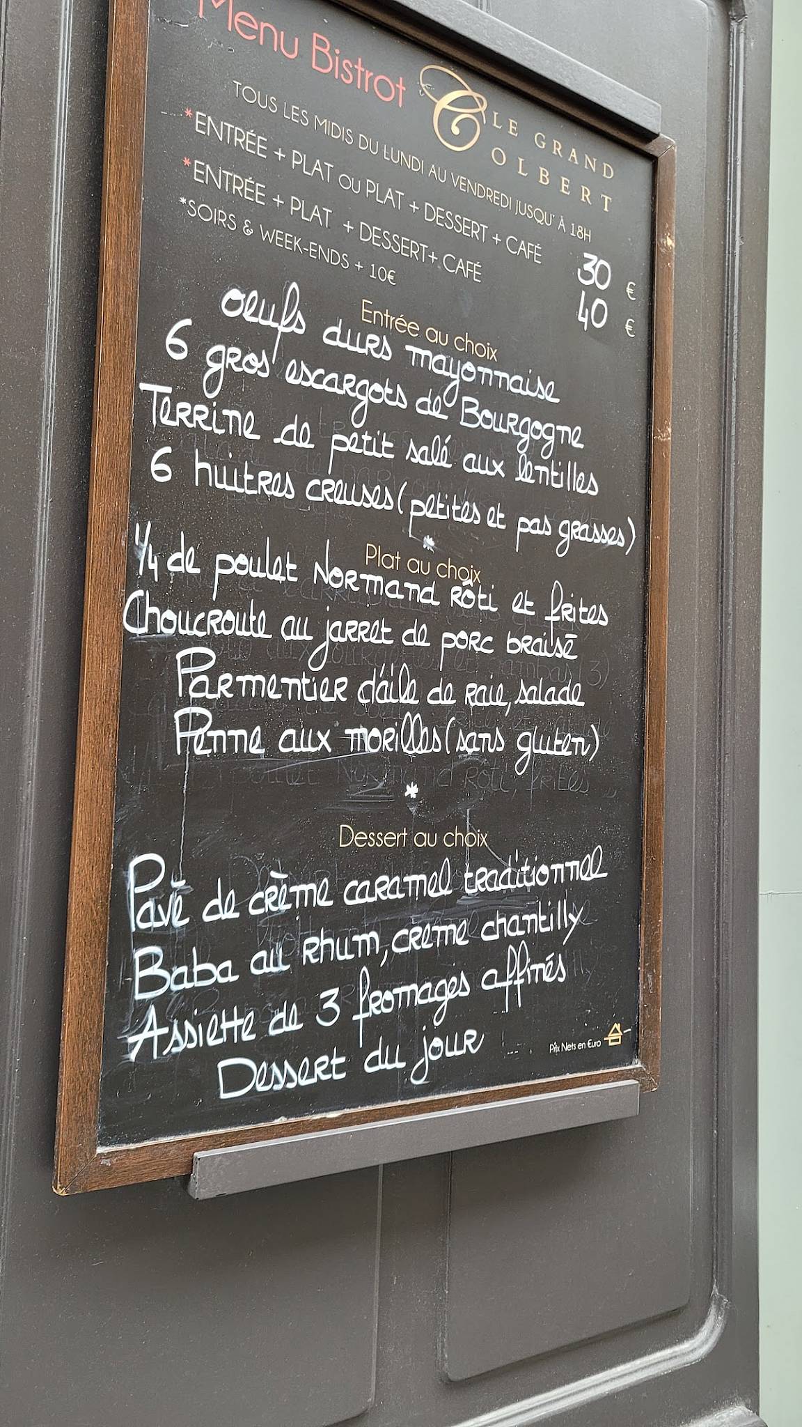 Menu de Le Grand Colbert
