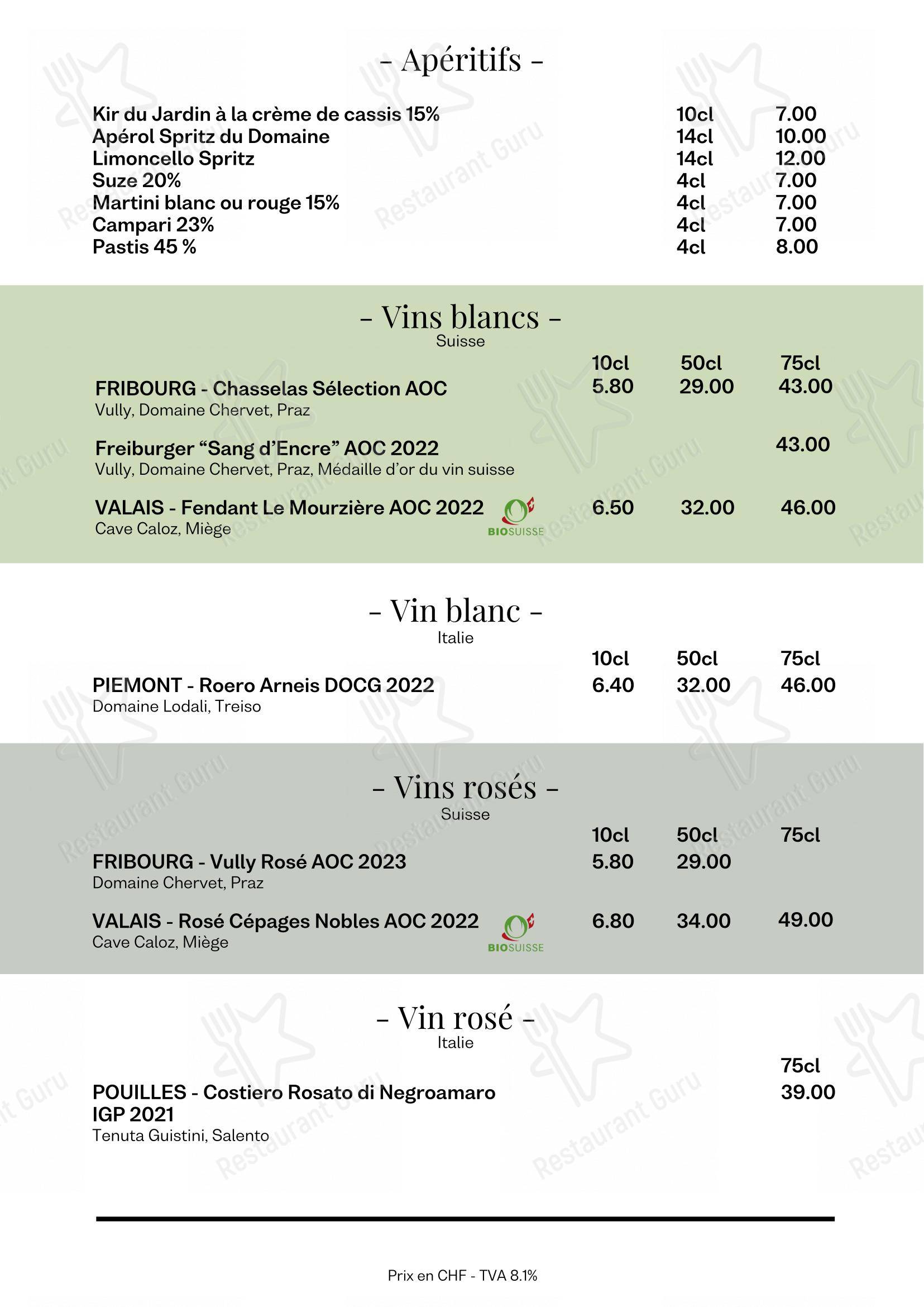 Menu di Restaurant Le Jardin - Menu bar