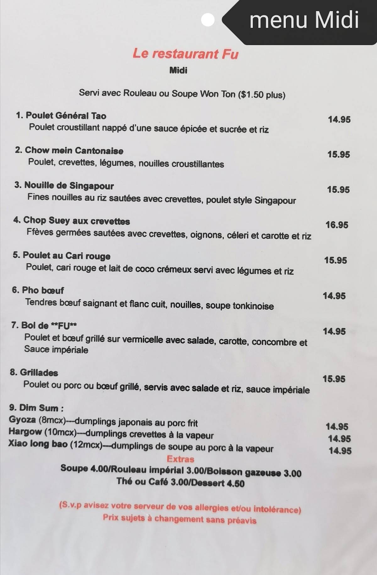 Menu au Le Restaurant FU, Victoriaville