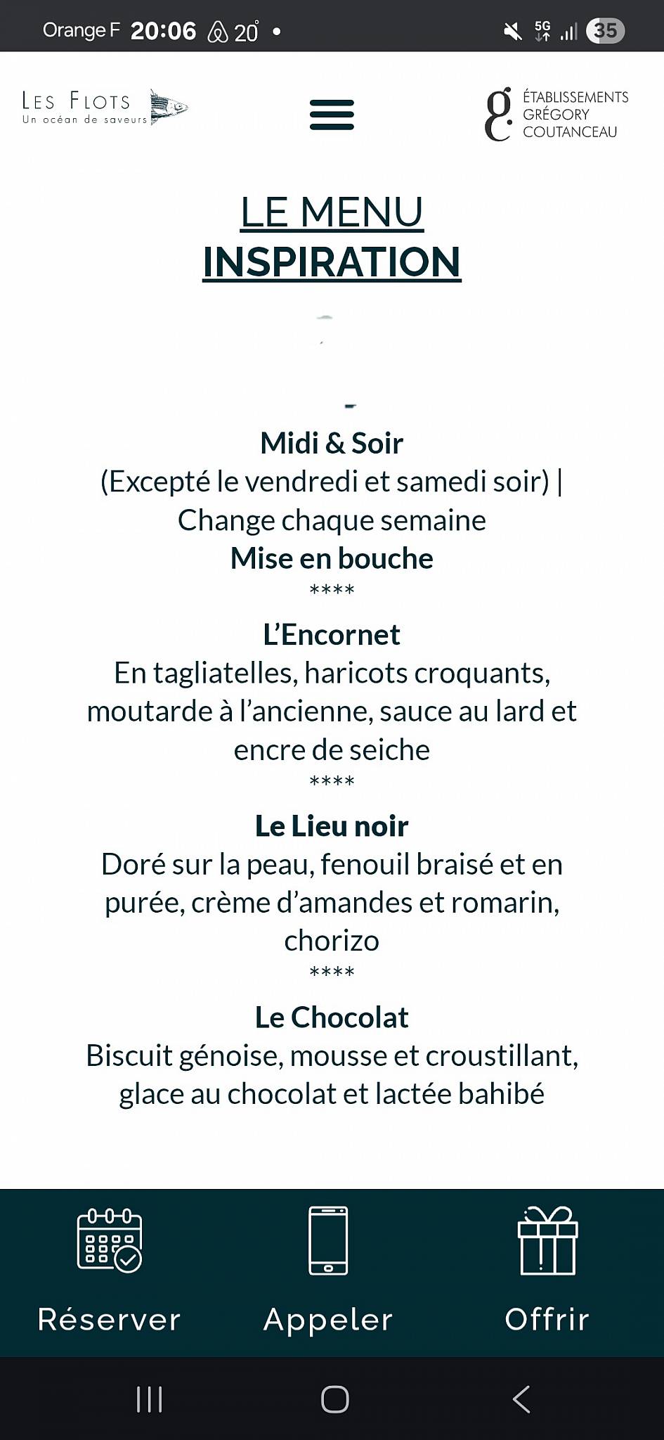 Menu de Restaurant Les Flots