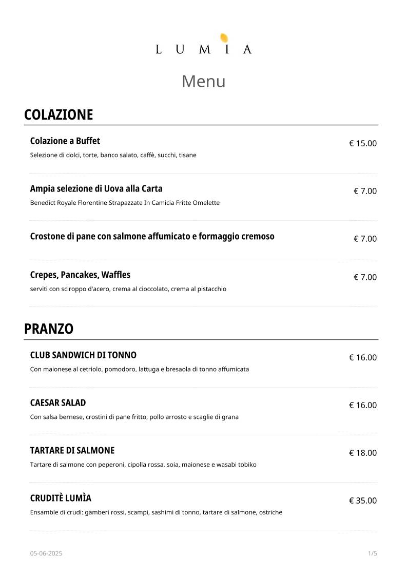 Menu di Lumia Restaurant 