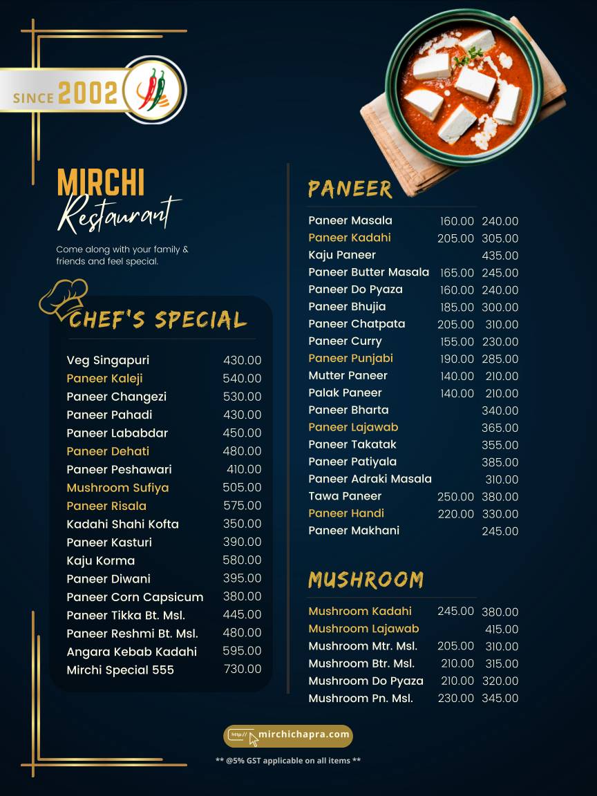 Mirchi Restaurant menu