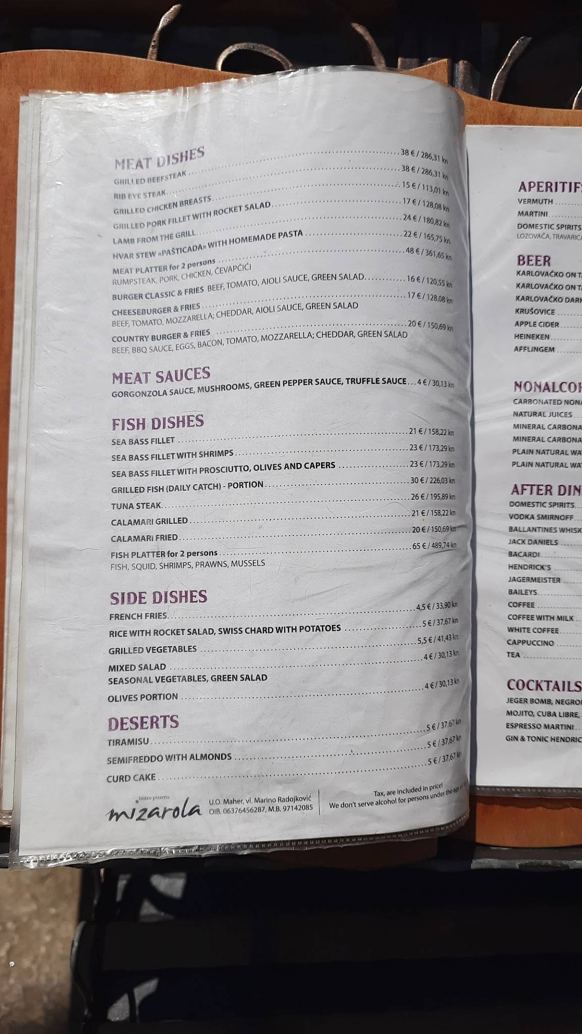 Menu di Restaurant Mizarola 