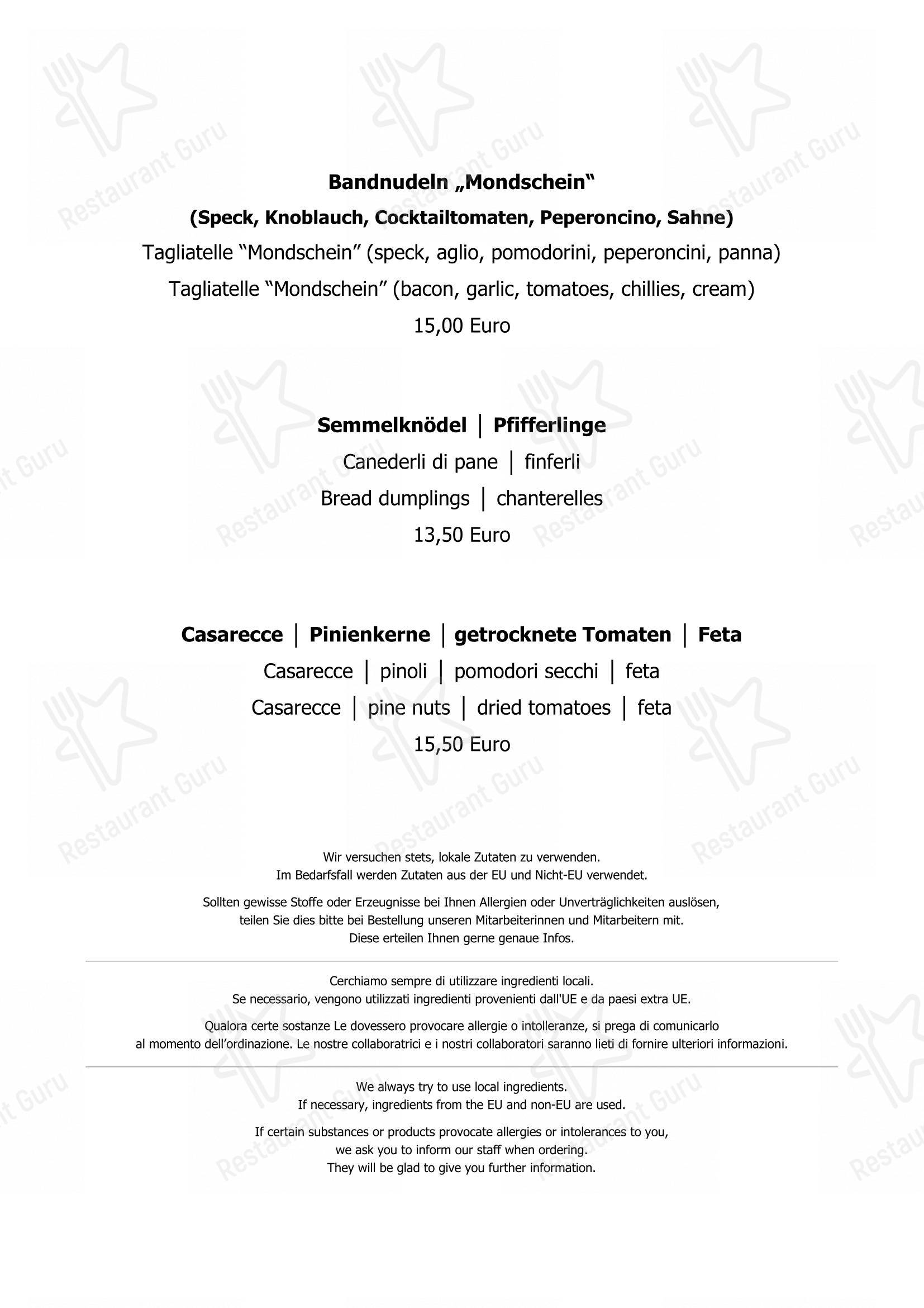 菜单 per Restaurant Mondschein in Sesto