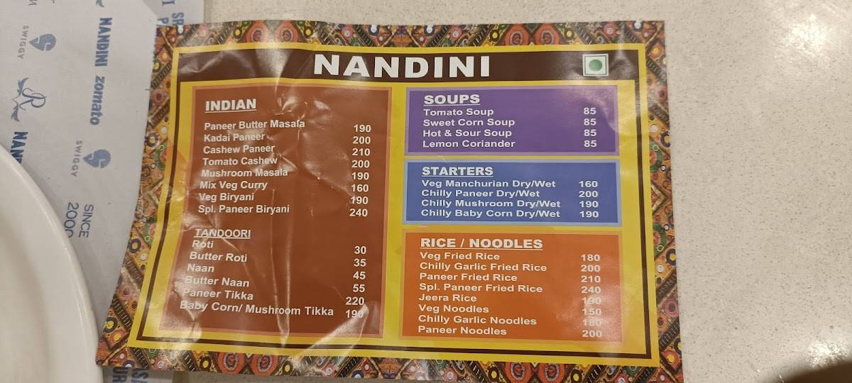 Nandini Srinivasa Parlour menu